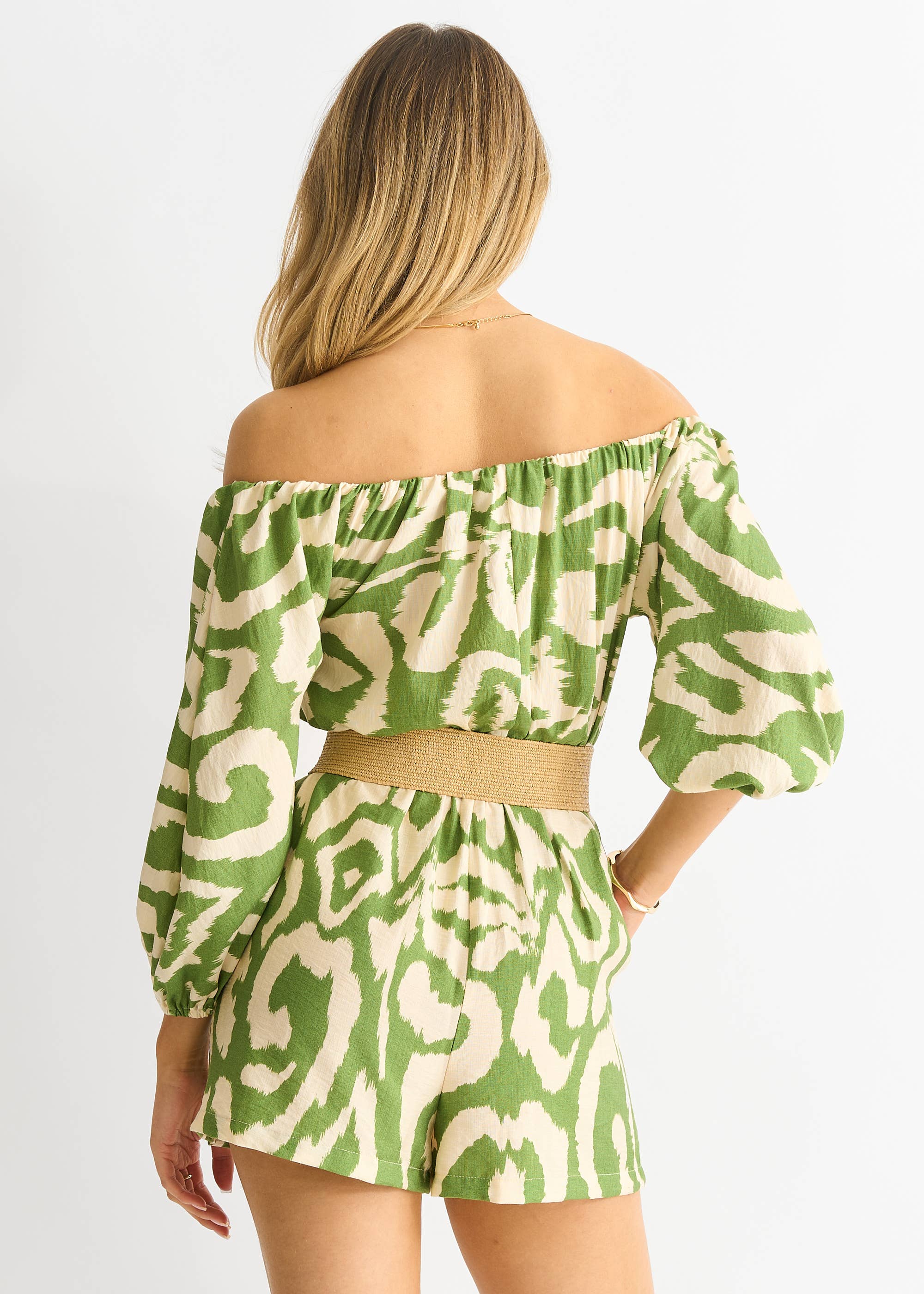 Green  Abstract Belted Bardot Viscose Playsuit