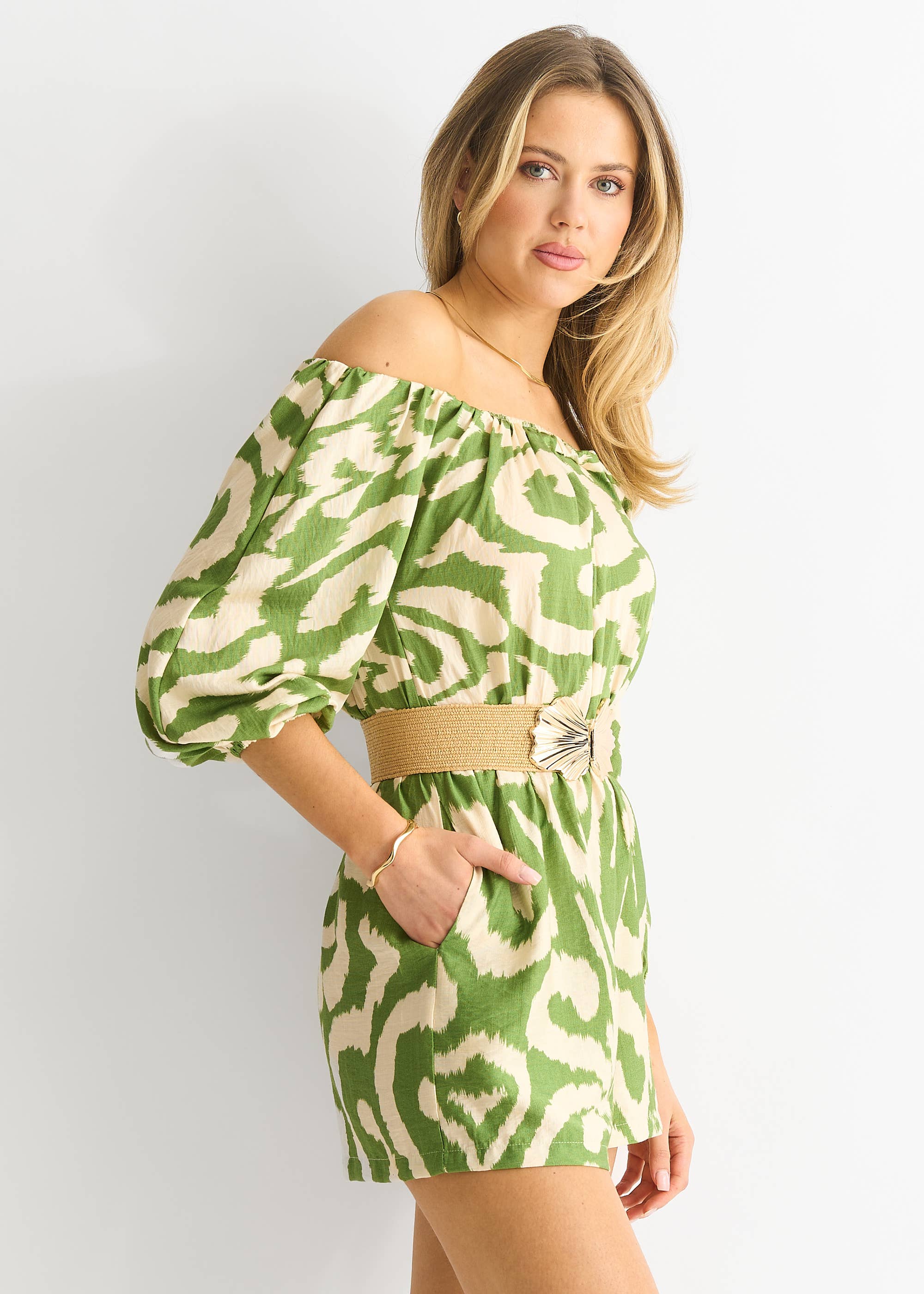 Green  Abstract Belted Bardot Viscose Playsuit