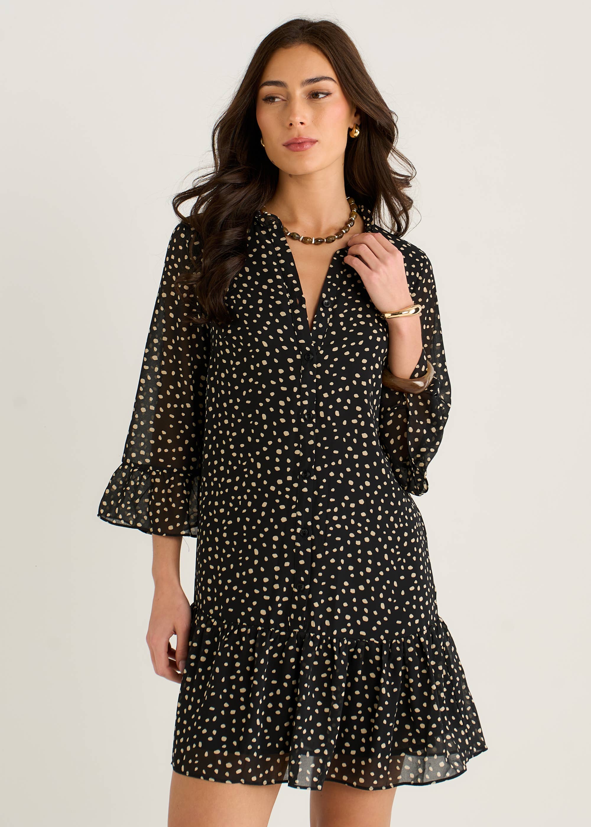 Black Animal Spot Shirt Mini Dress