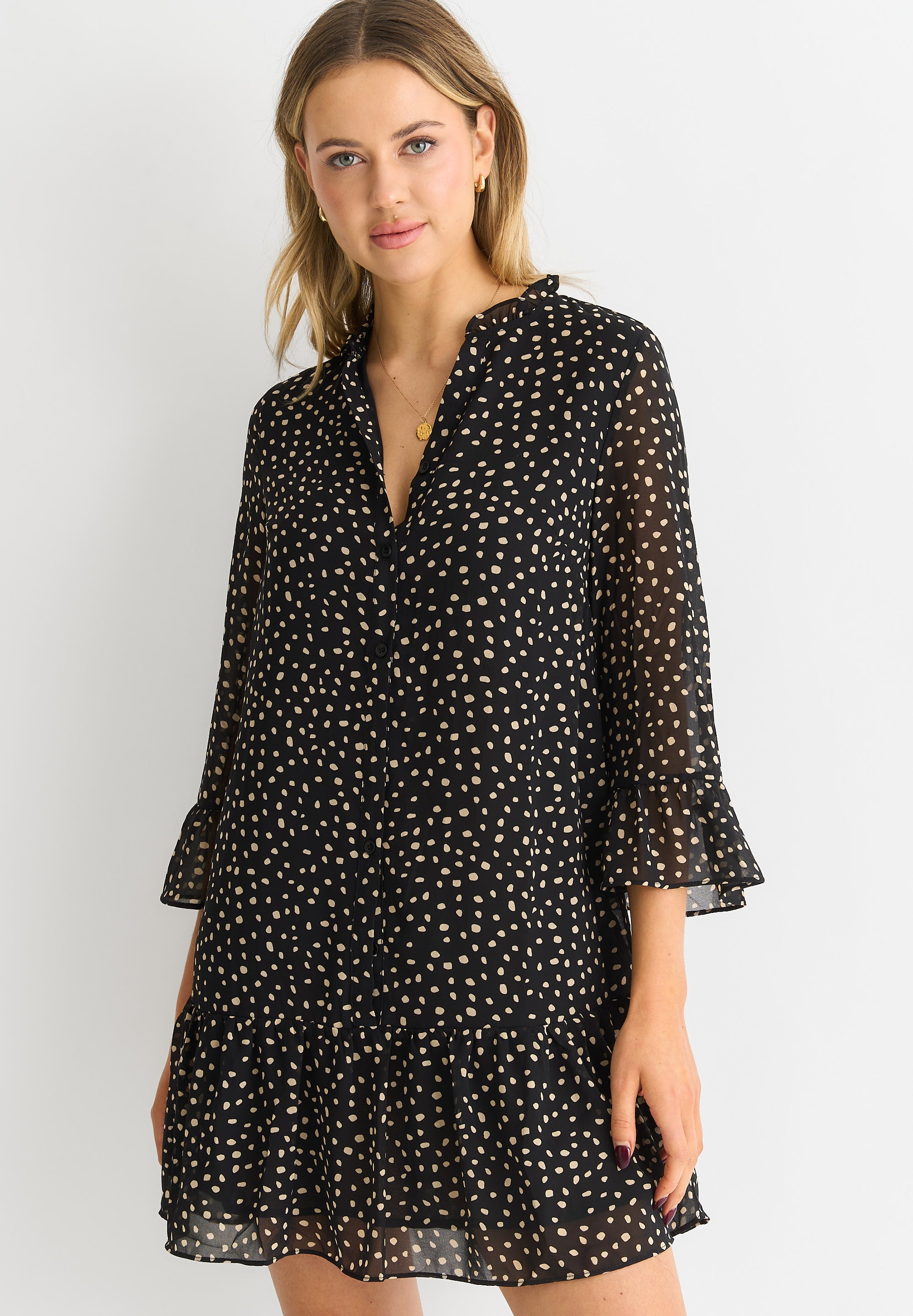 Black Animal Spot Shirt Mini Dress