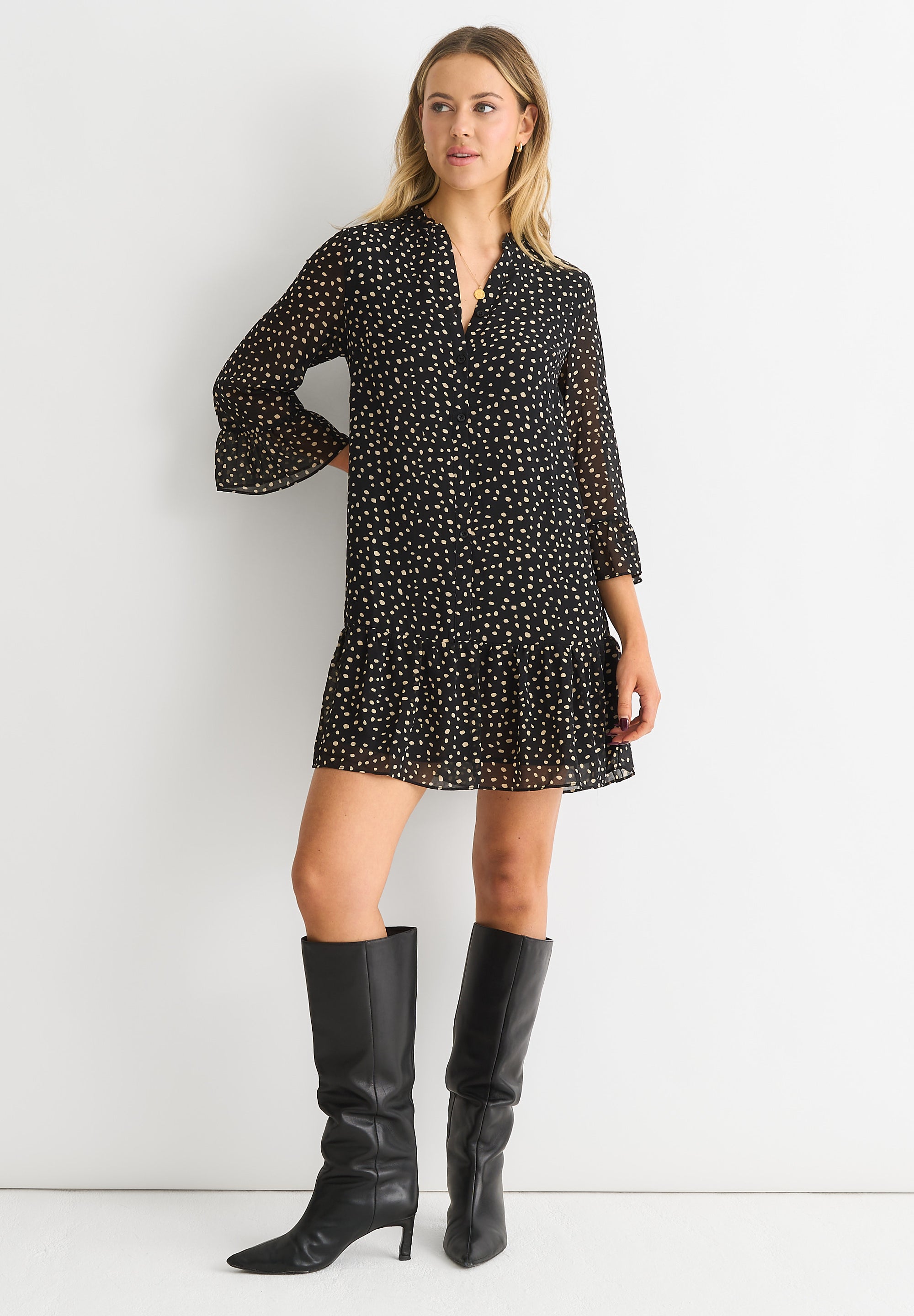 Black Animal Spot Shirt Mini Dress