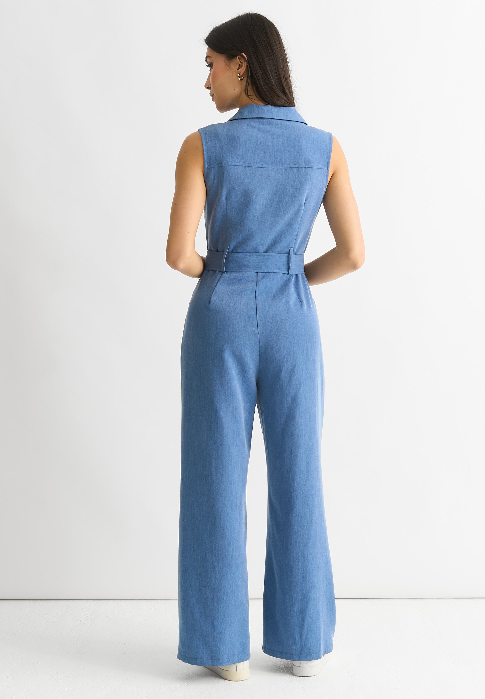 Blue Chambray Sleeveless Utility Jumpsuit