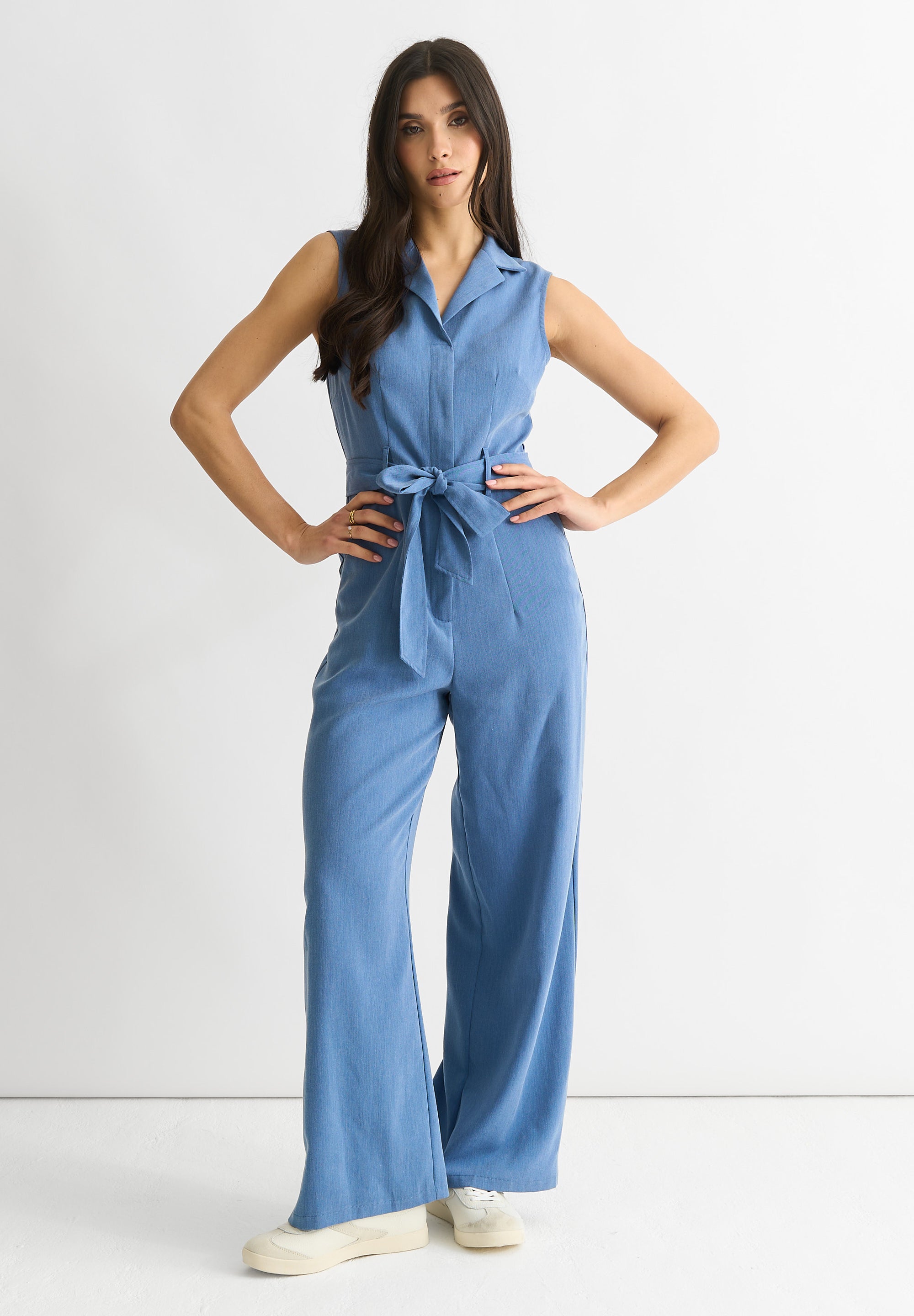 Blue Chambray Sleeveless Utility Jumpsuit