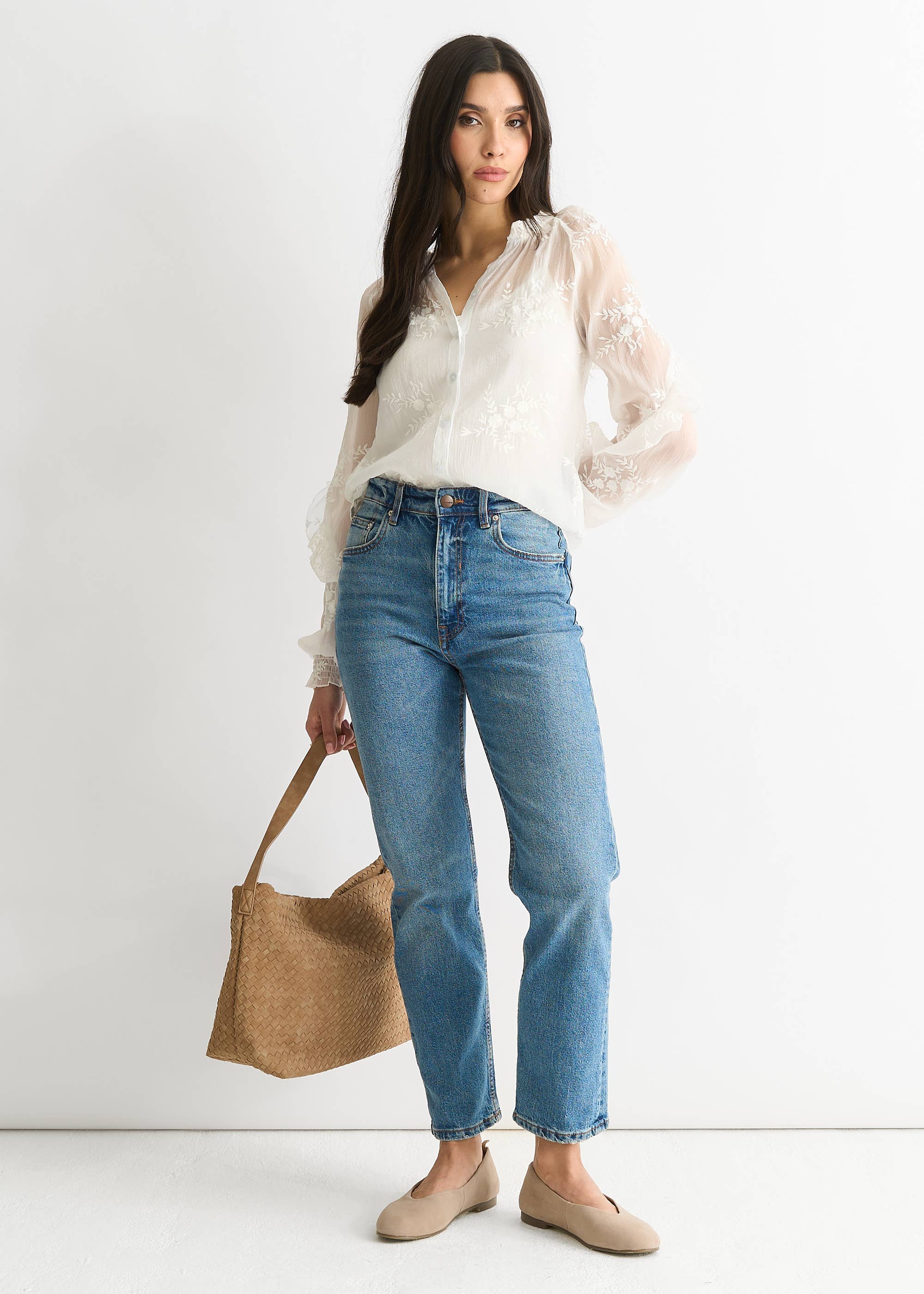 Sheer Embroidered Floral Button Down Shirt