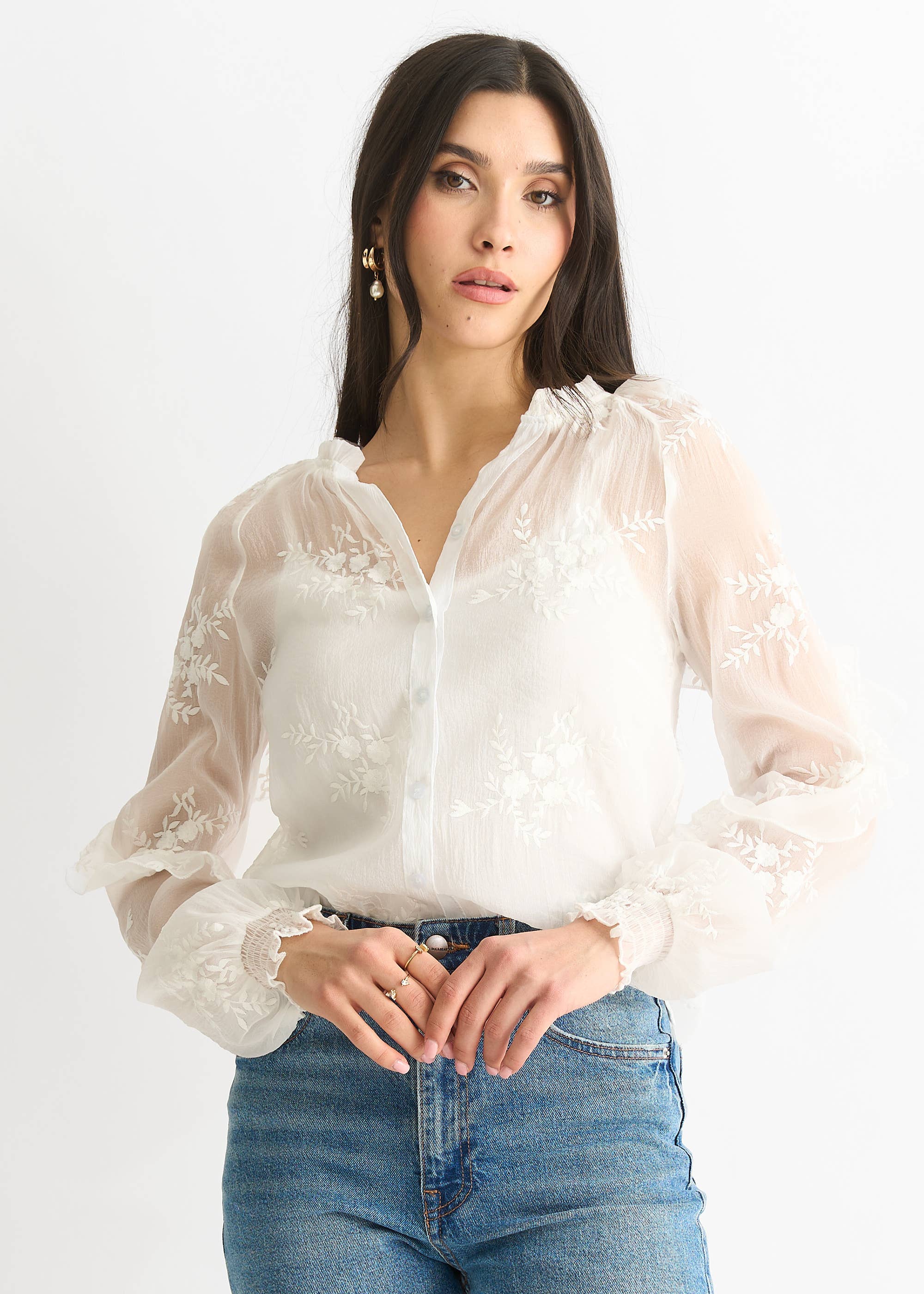 Sheer Embroidered Floral Button Down Shirt