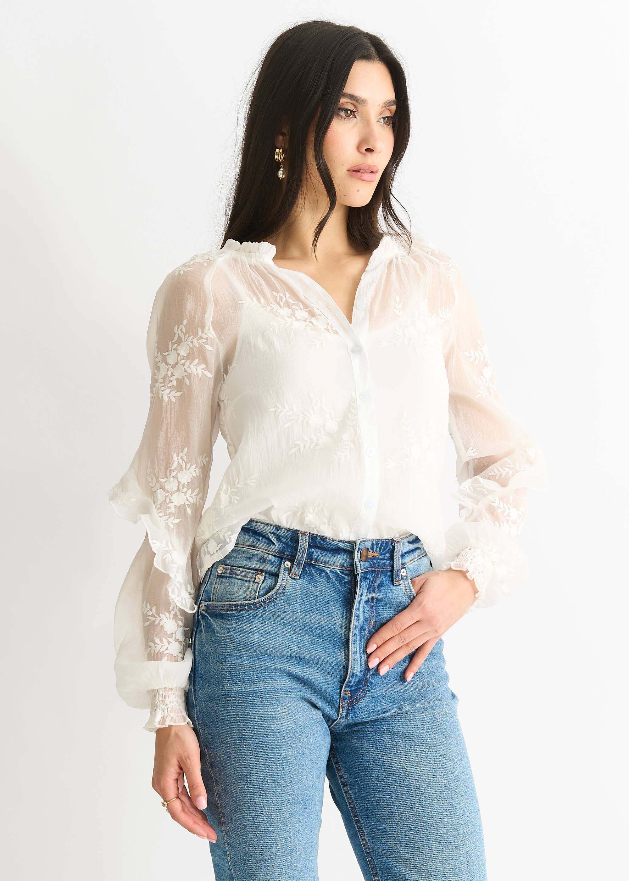 Sheer Embroidered Floral Button Down Shirt