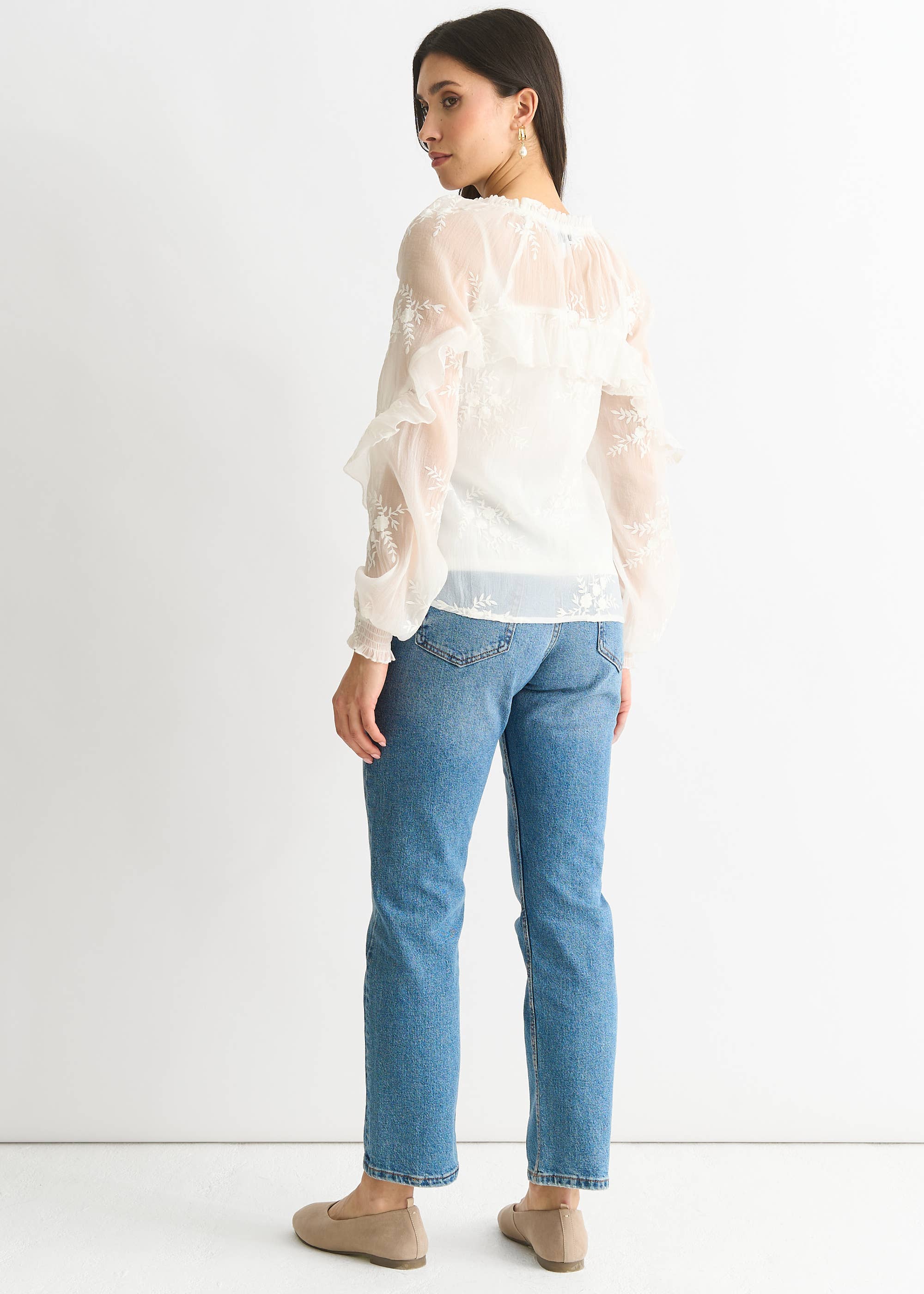 Sheer Embroidered Floral Button Down Shirt