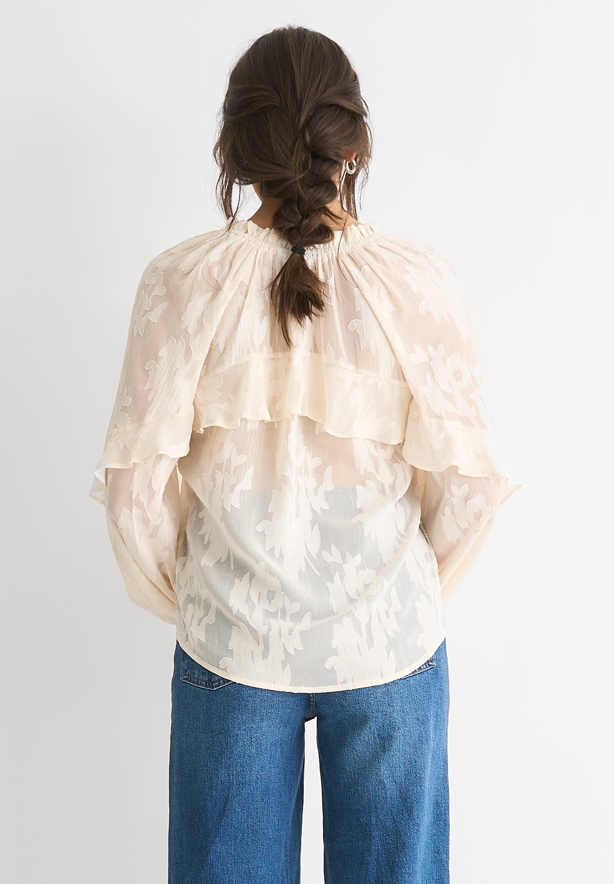 Cream Jacquard Floral Long Sleeve Blouse