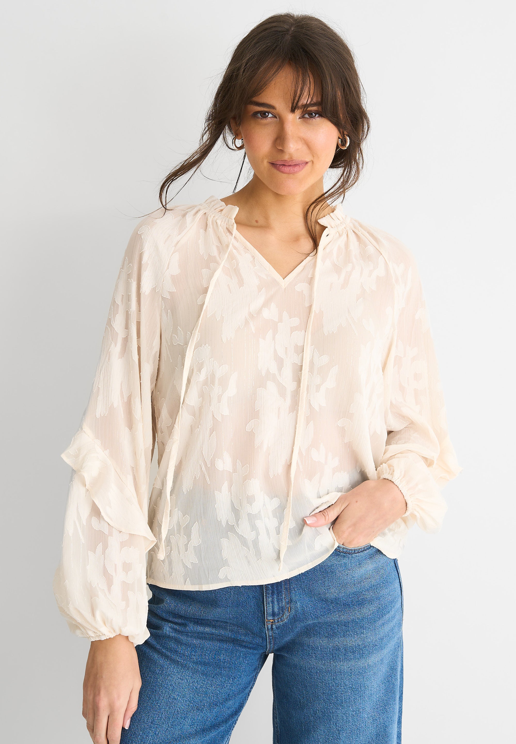 Cream Jacquard Floral Long Sleeve Blouse