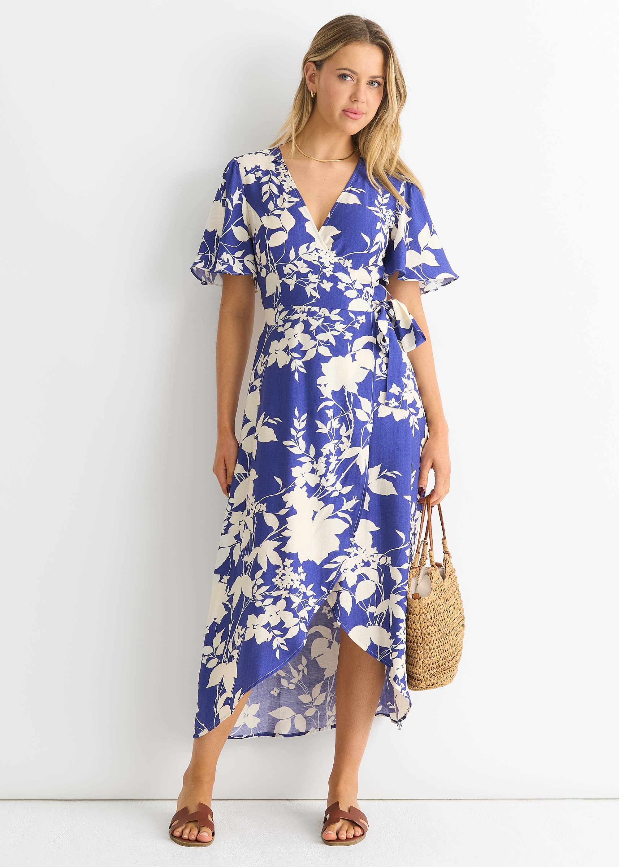 Viscose Floral Wrap Midi Dress