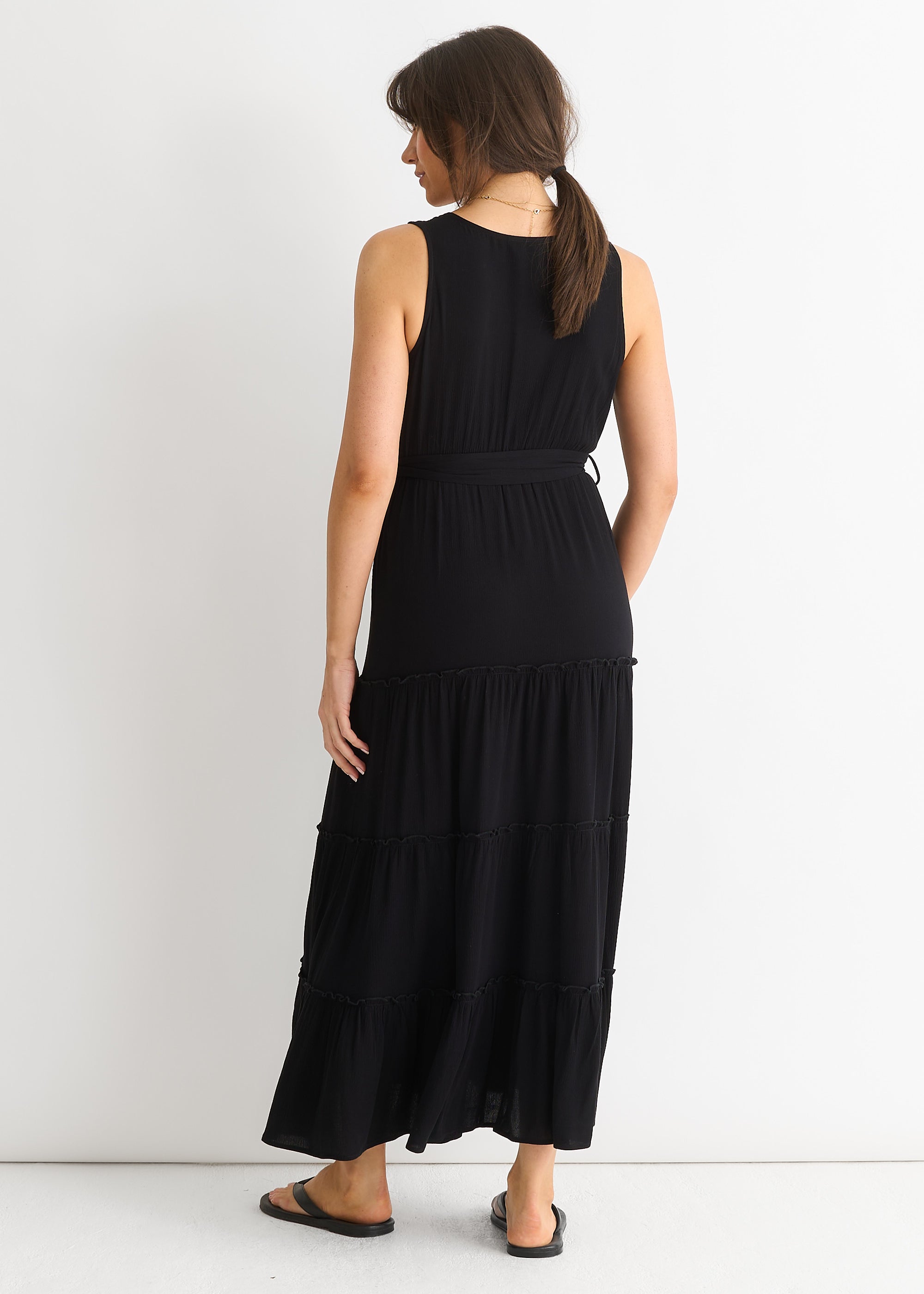 Black Viscose Wrap Tiered Maxi Dress