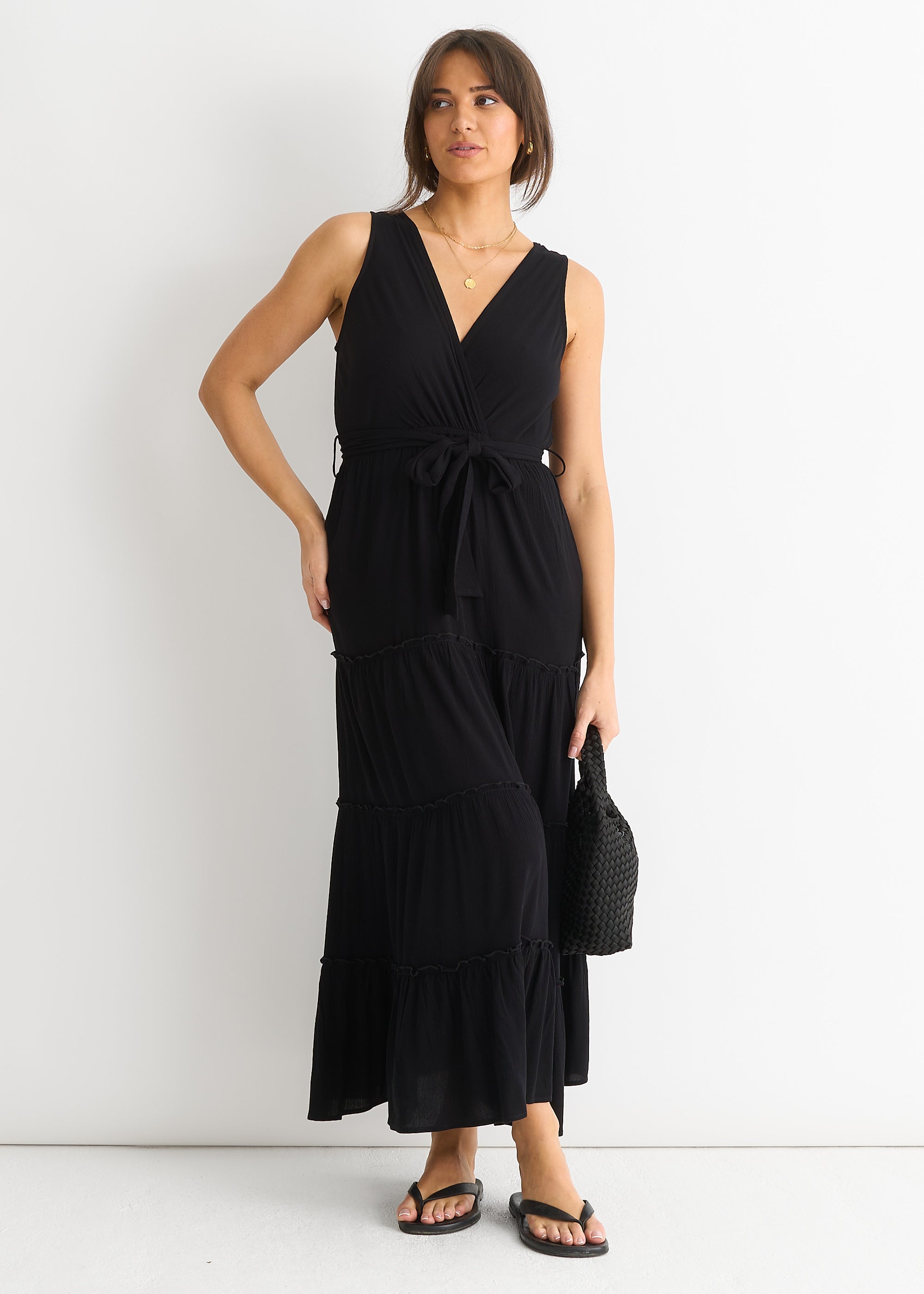 Black Viscose Wrap Tiered Maxi Dress