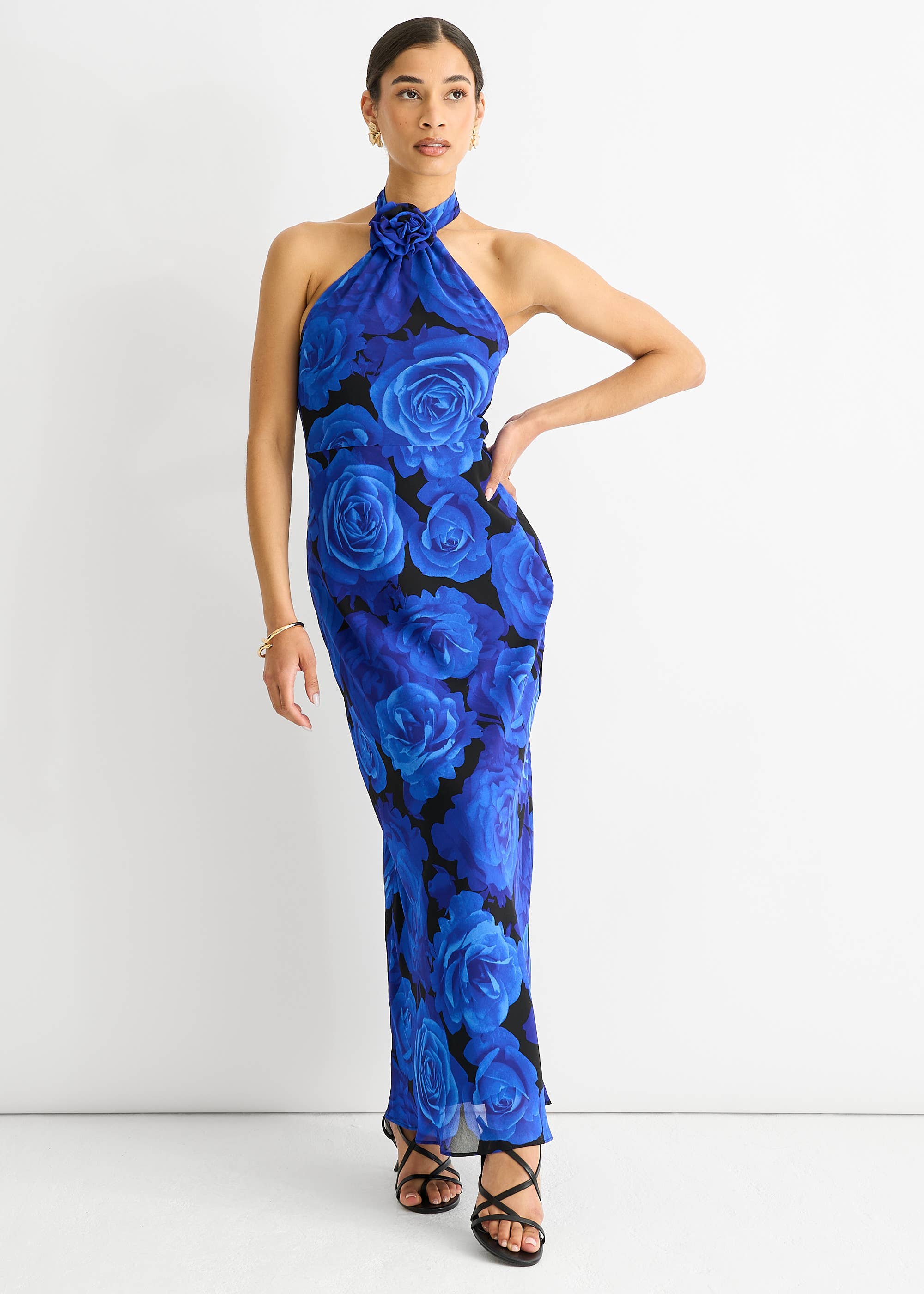 Blue Floral Occasion Halter Maxi Dress