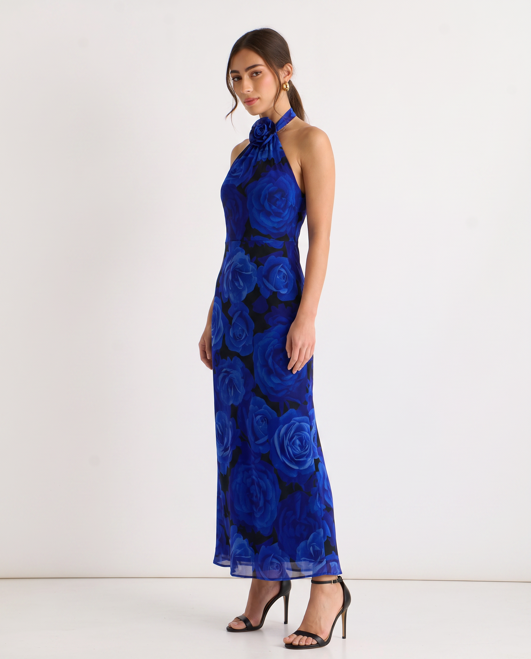 Blue Floral Occasion Halter Maxi Dress