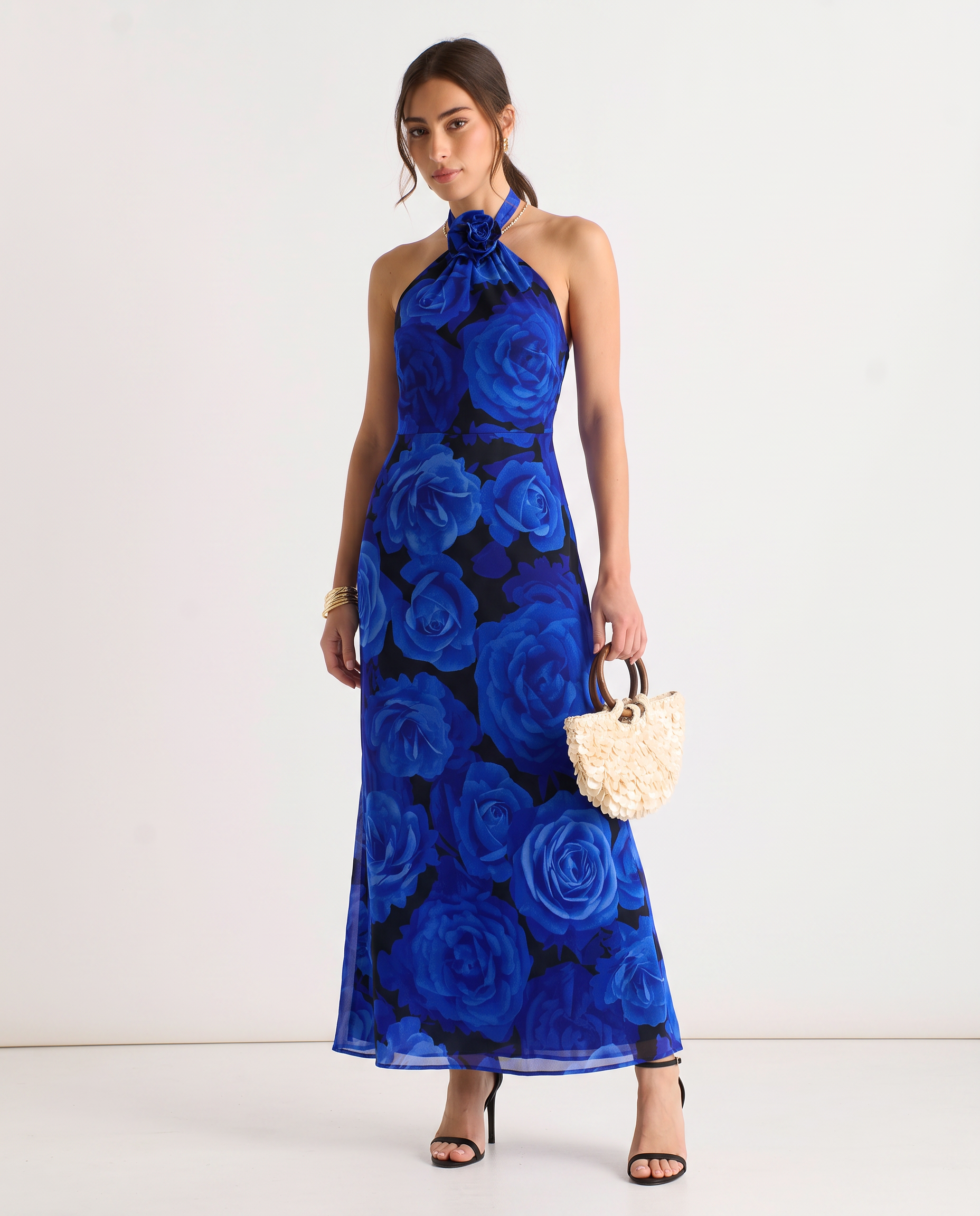 Blue Floral Occasion Halter Maxi Dress