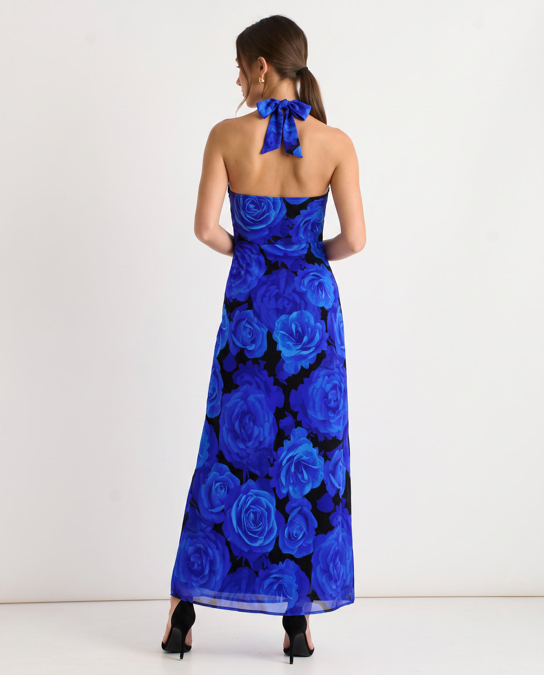 Blue Floral Occasion Halter Maxi Dress