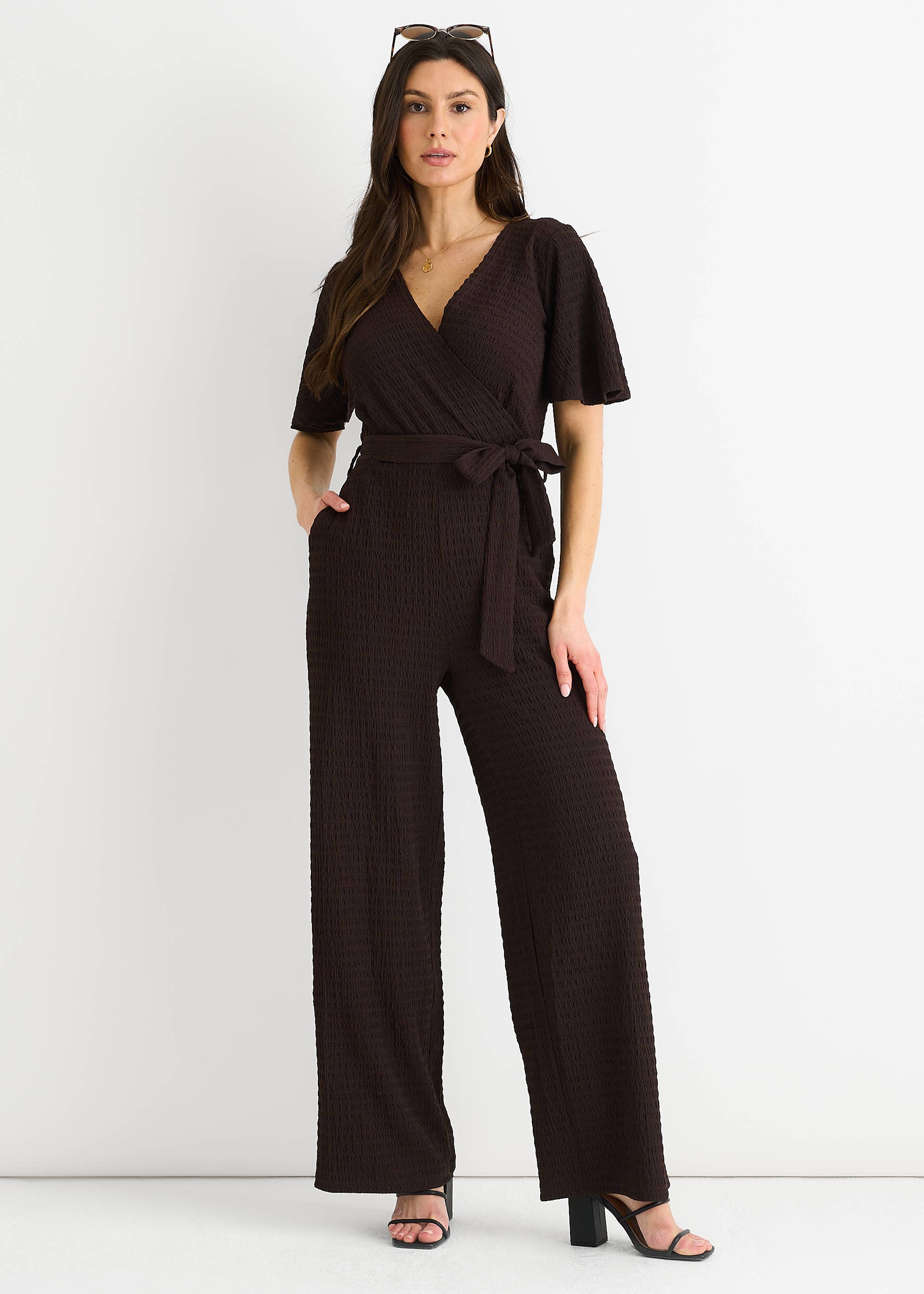 Chocolate Textured Jersey Wrap Wide Leg Jumpsuit