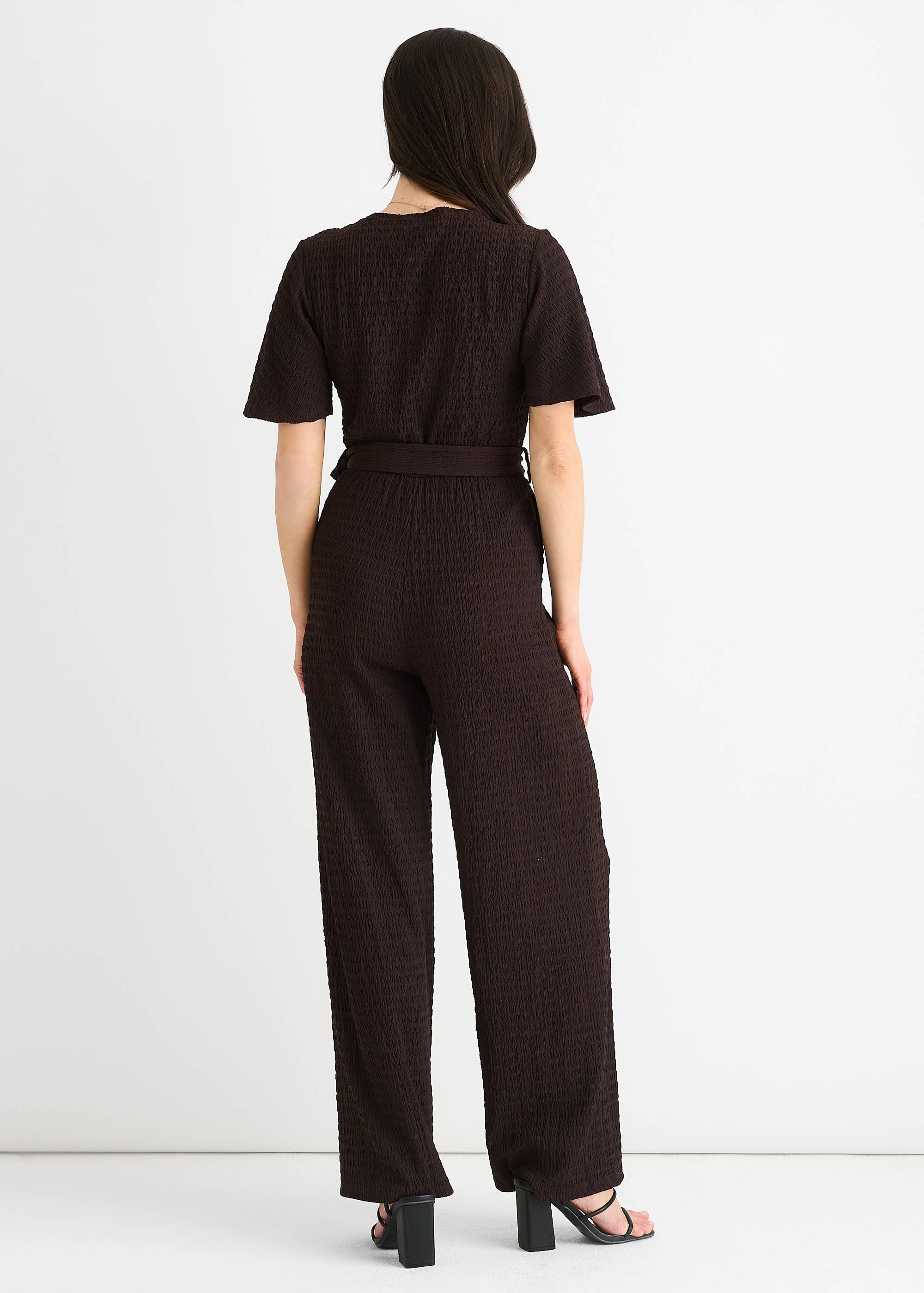 Chocolate Textured Jersey Wrap Wide Leg Jumpsuit