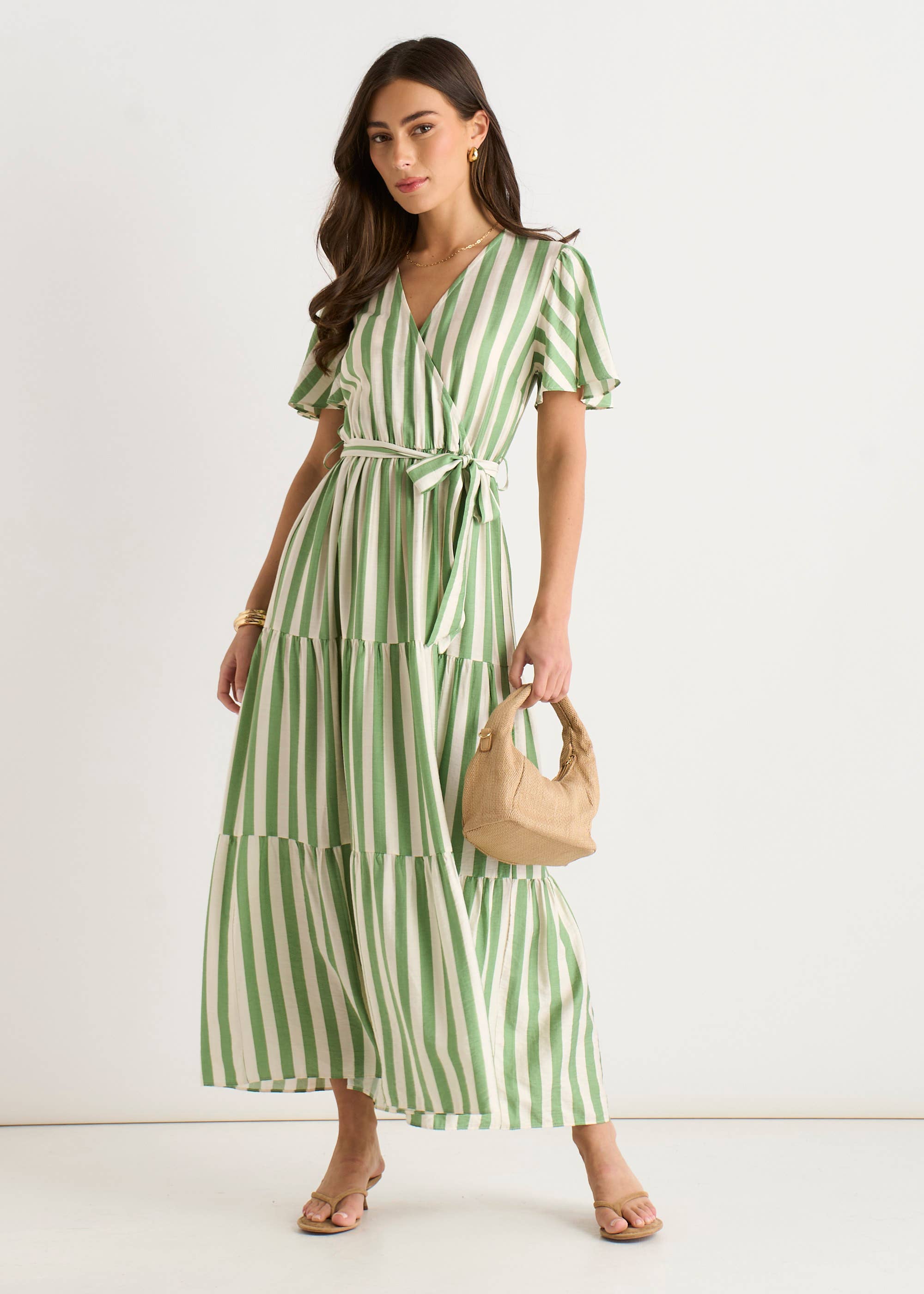 Sage Green Stripe Wrap Belted Viscose Midi Dress