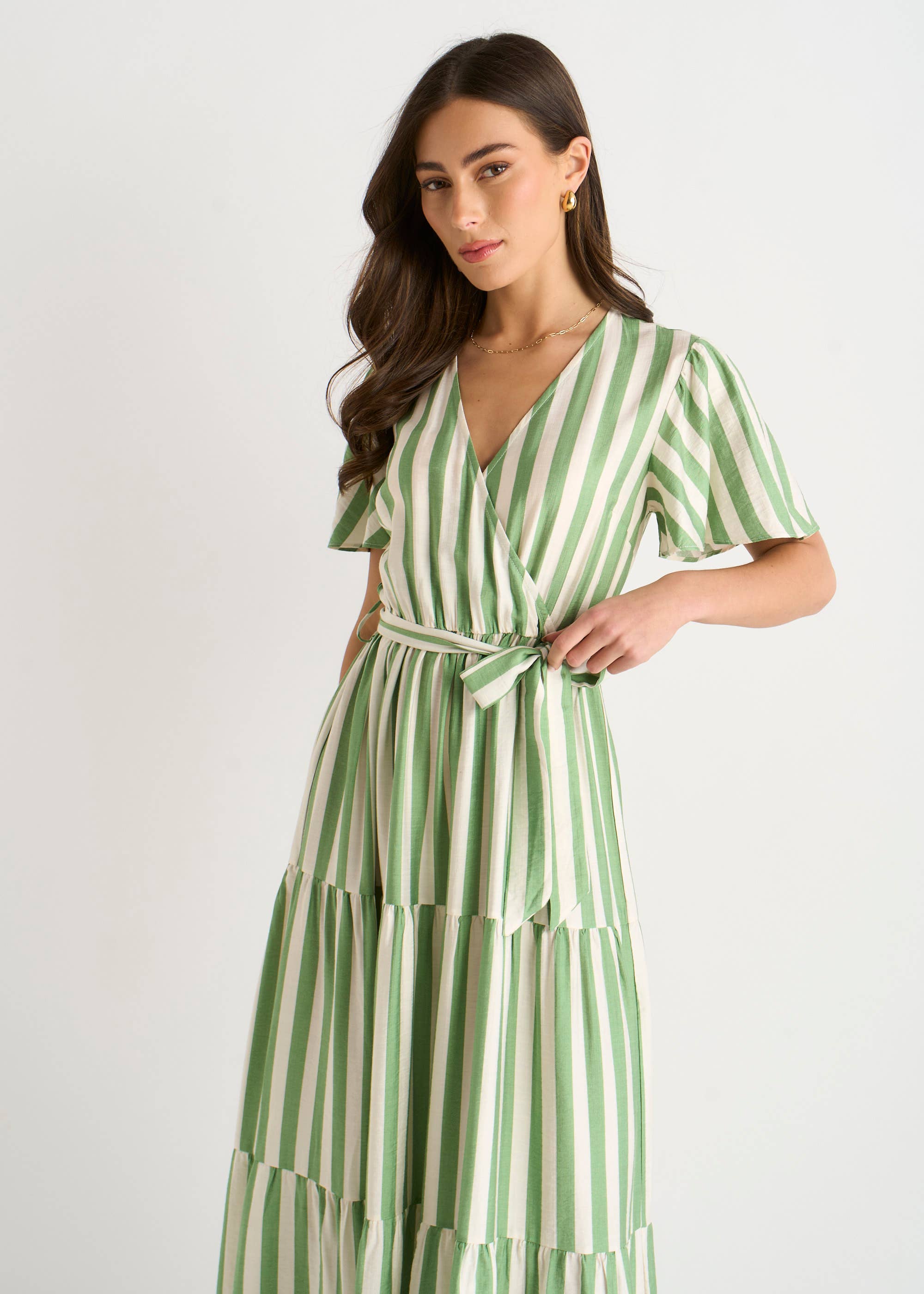 Sage Green Stripe Wrap Belted Viscose Midi Dress