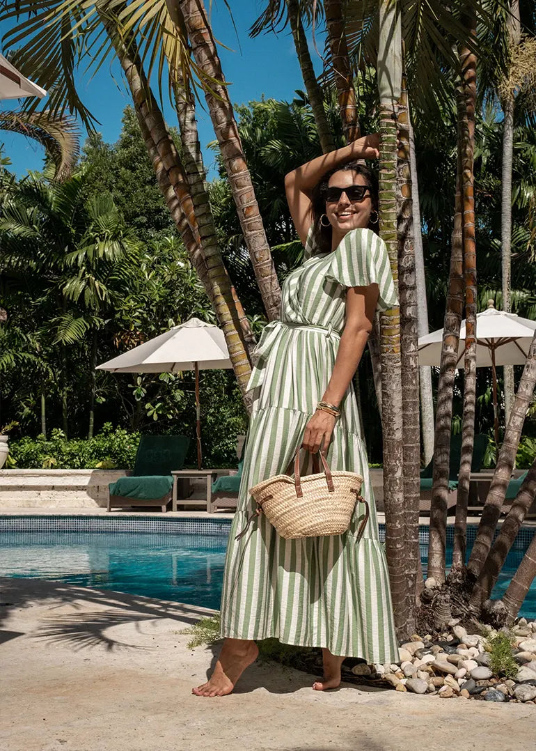 Sage Green Stripe Wrap Belted Viscose Midi Dress
