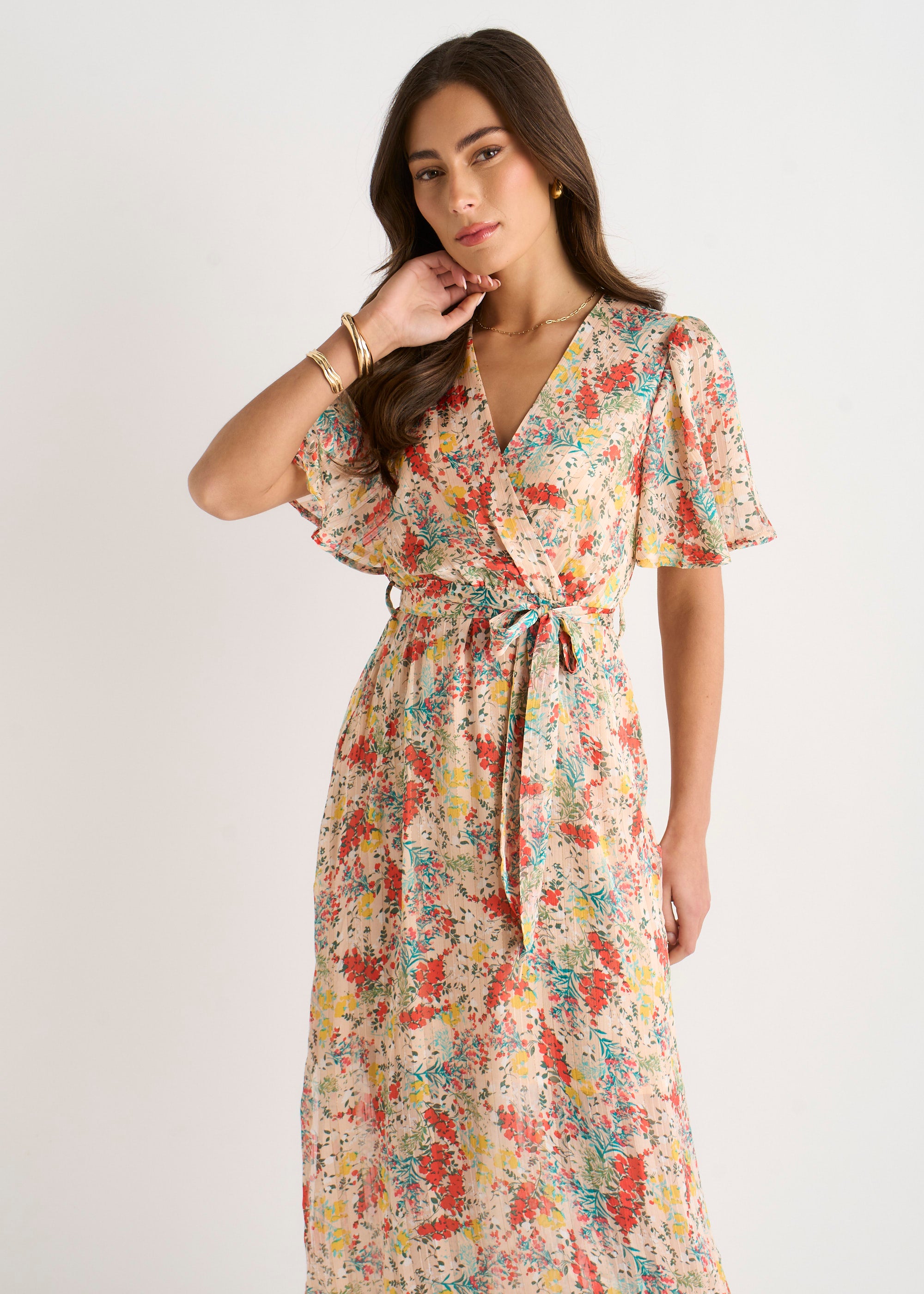 Multi Floral Jacquard Chiffon Midi Dress