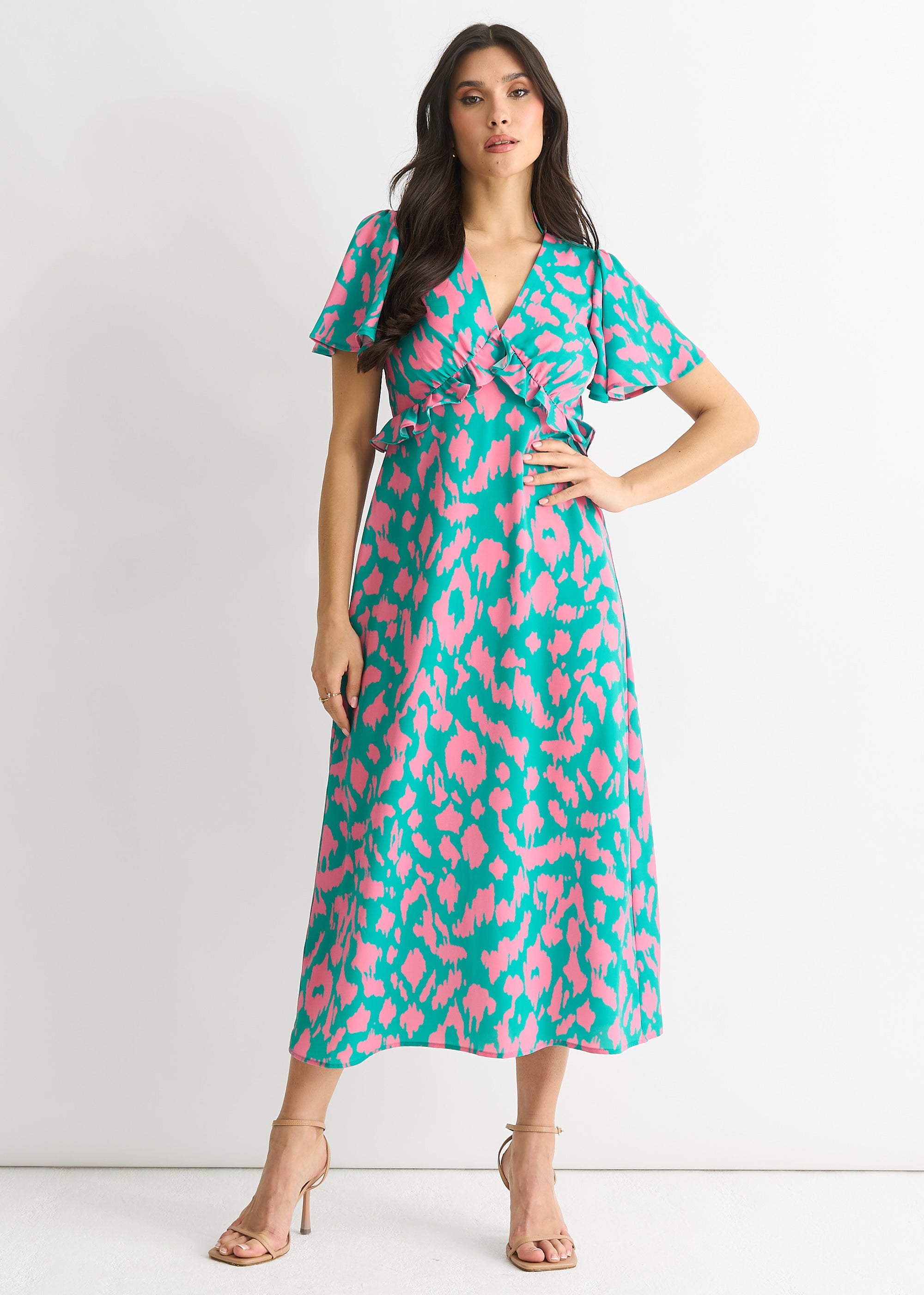 Animal Print V Neck Ruffle Midi Dress