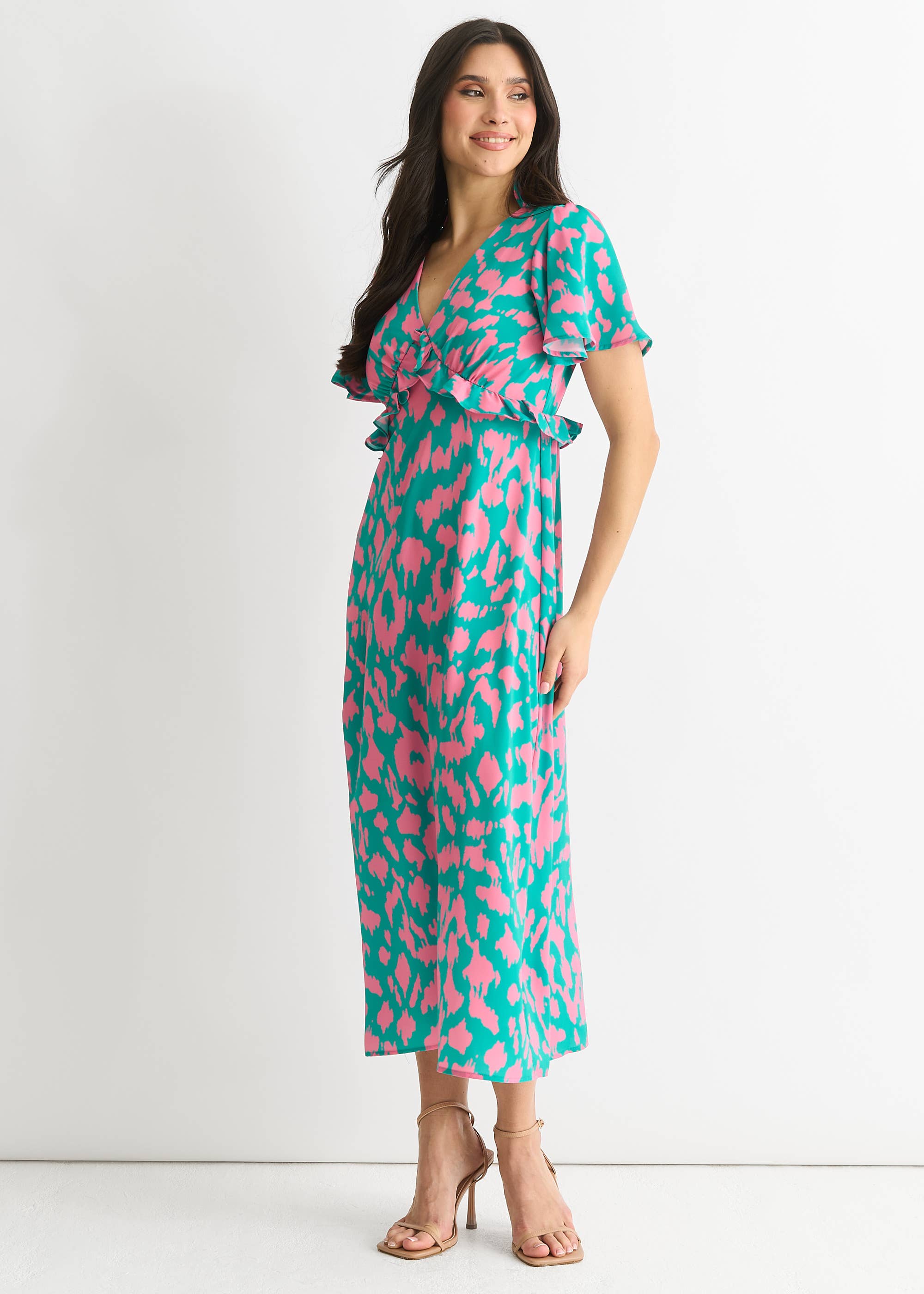 Green Animal Print V Neck Ruffle Midi Dress
