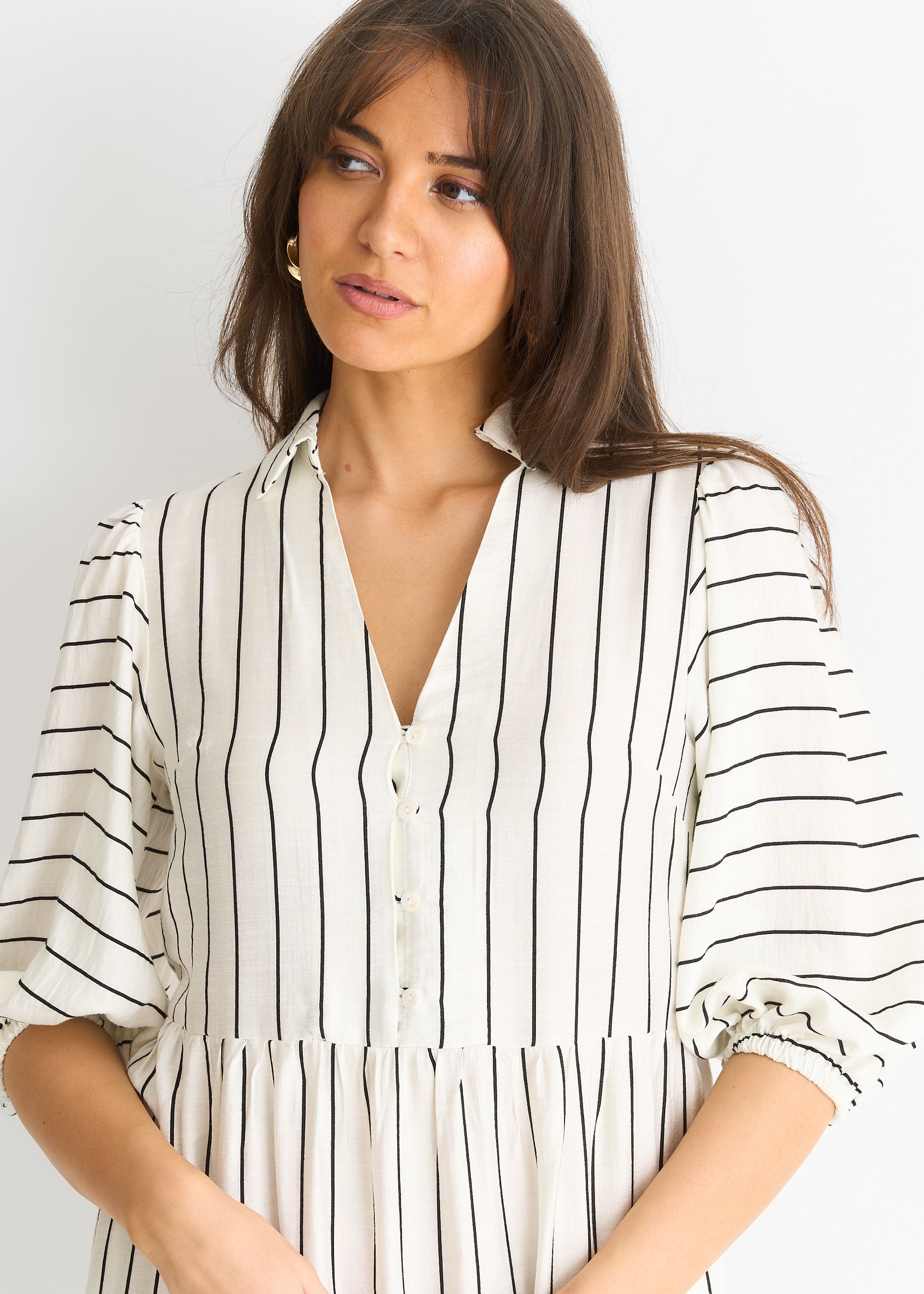 White Stripe Viscose Smock Maxi Dress