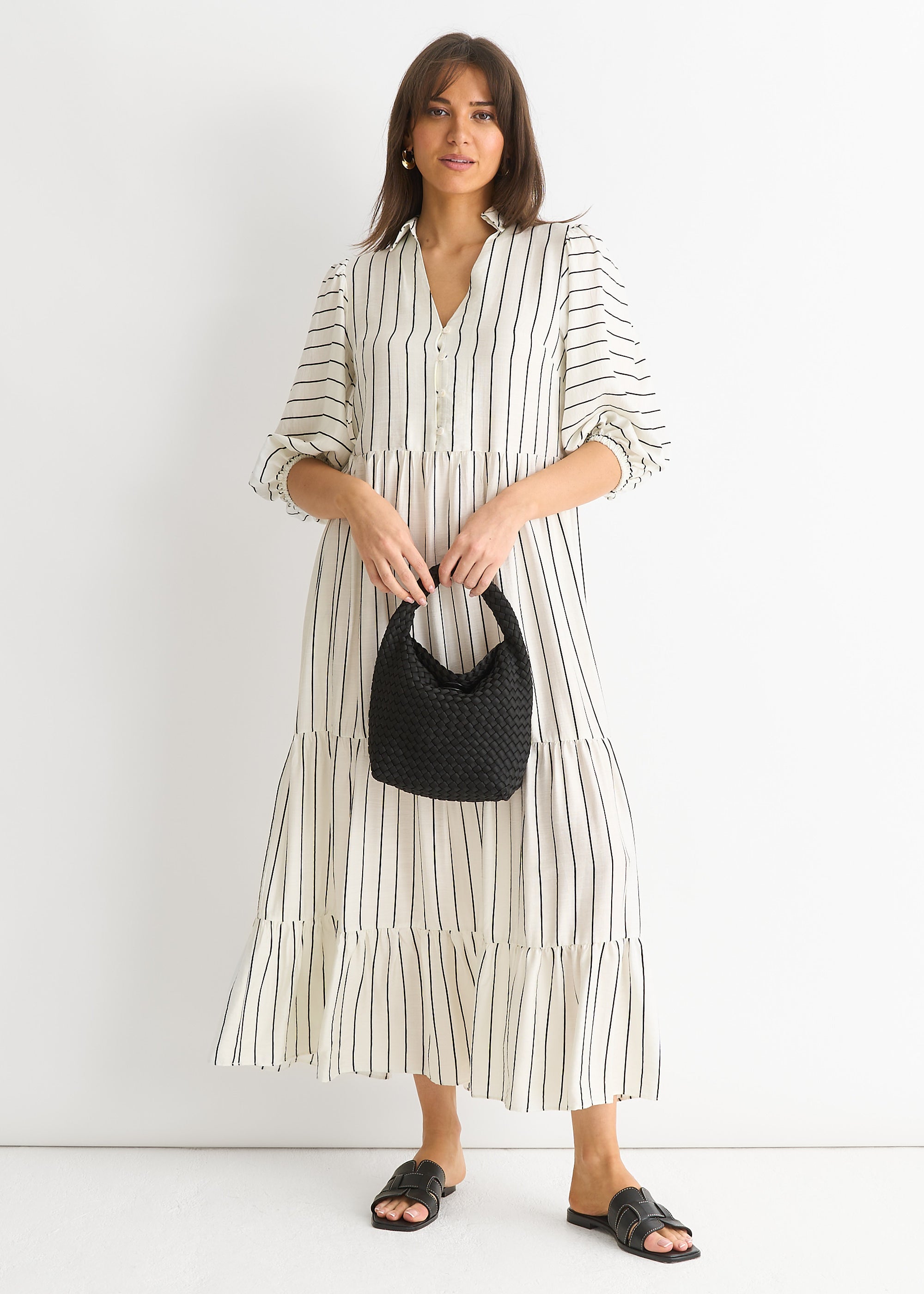 White Stripe Viscose Smock Maxi Dress