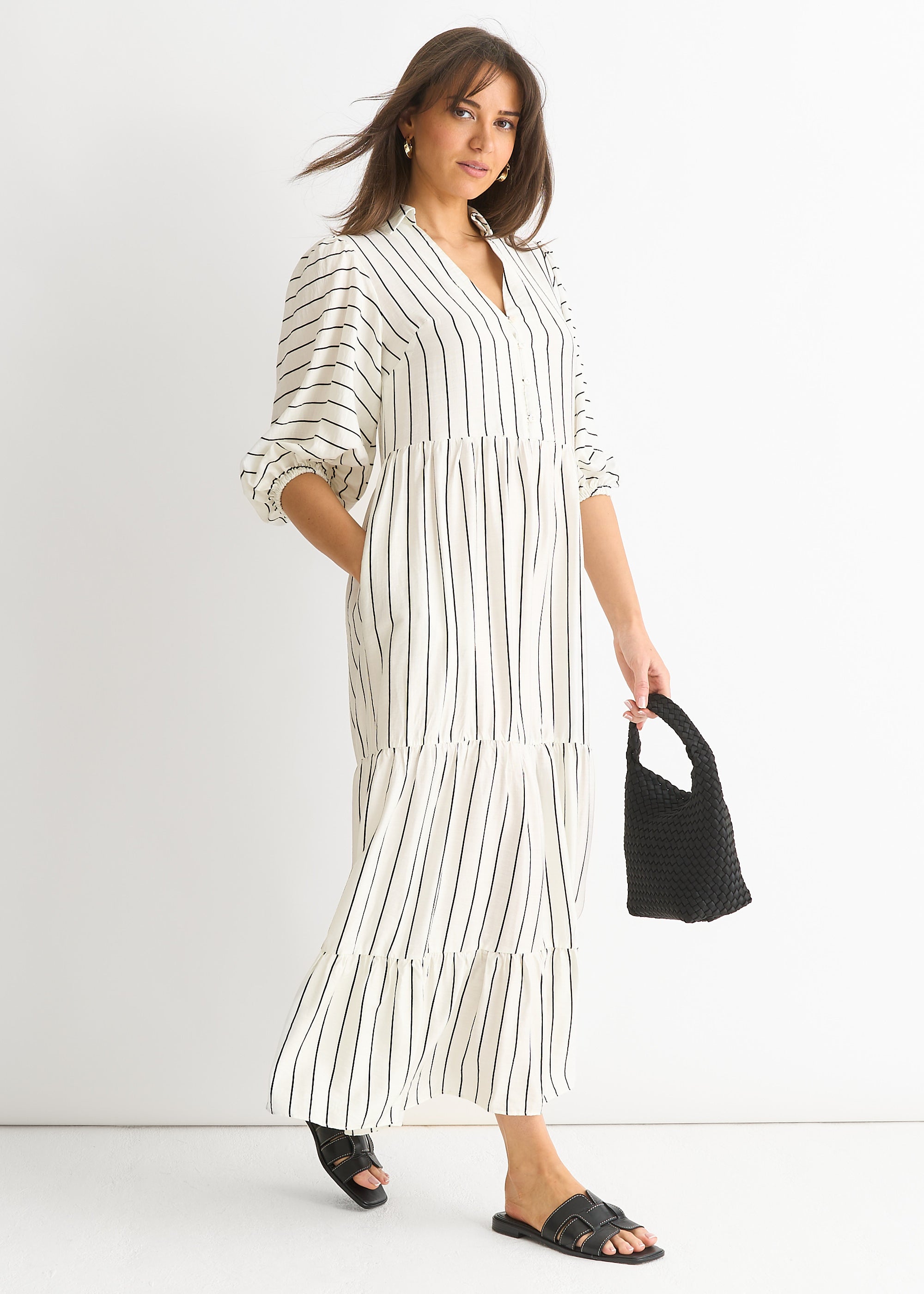 White Stripe Viscose Smock Maxi Dress