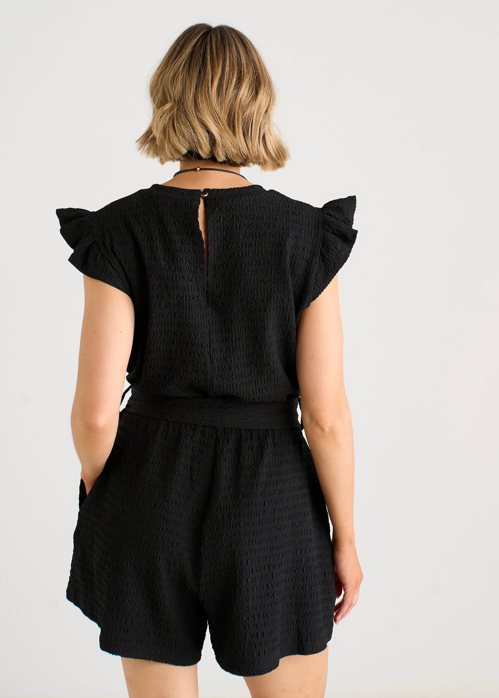 Black Stretch Texture Frill Elasticated Waist Playsuit