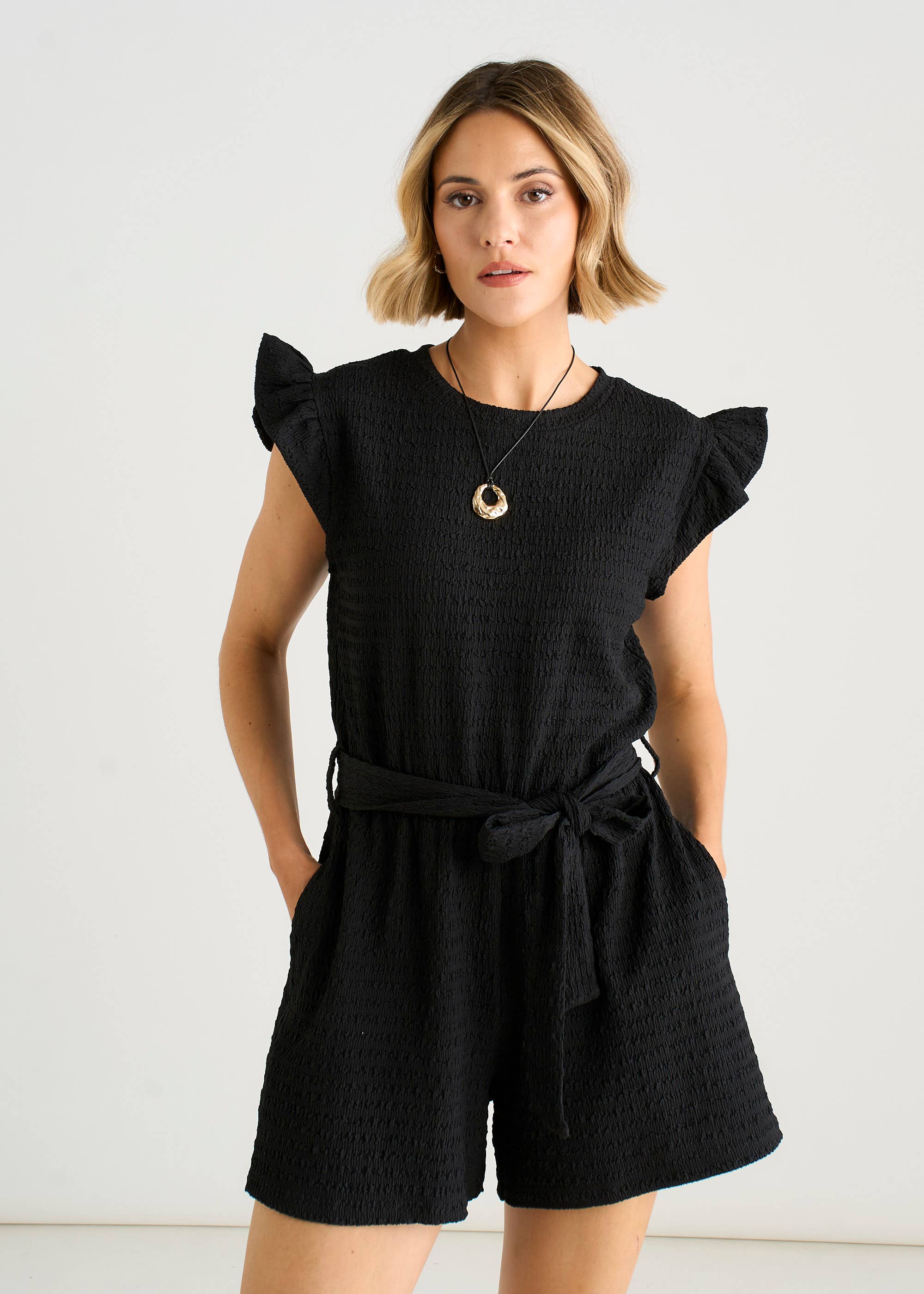 Black Stretch Texture Frill Elasticated Waist Playsuit