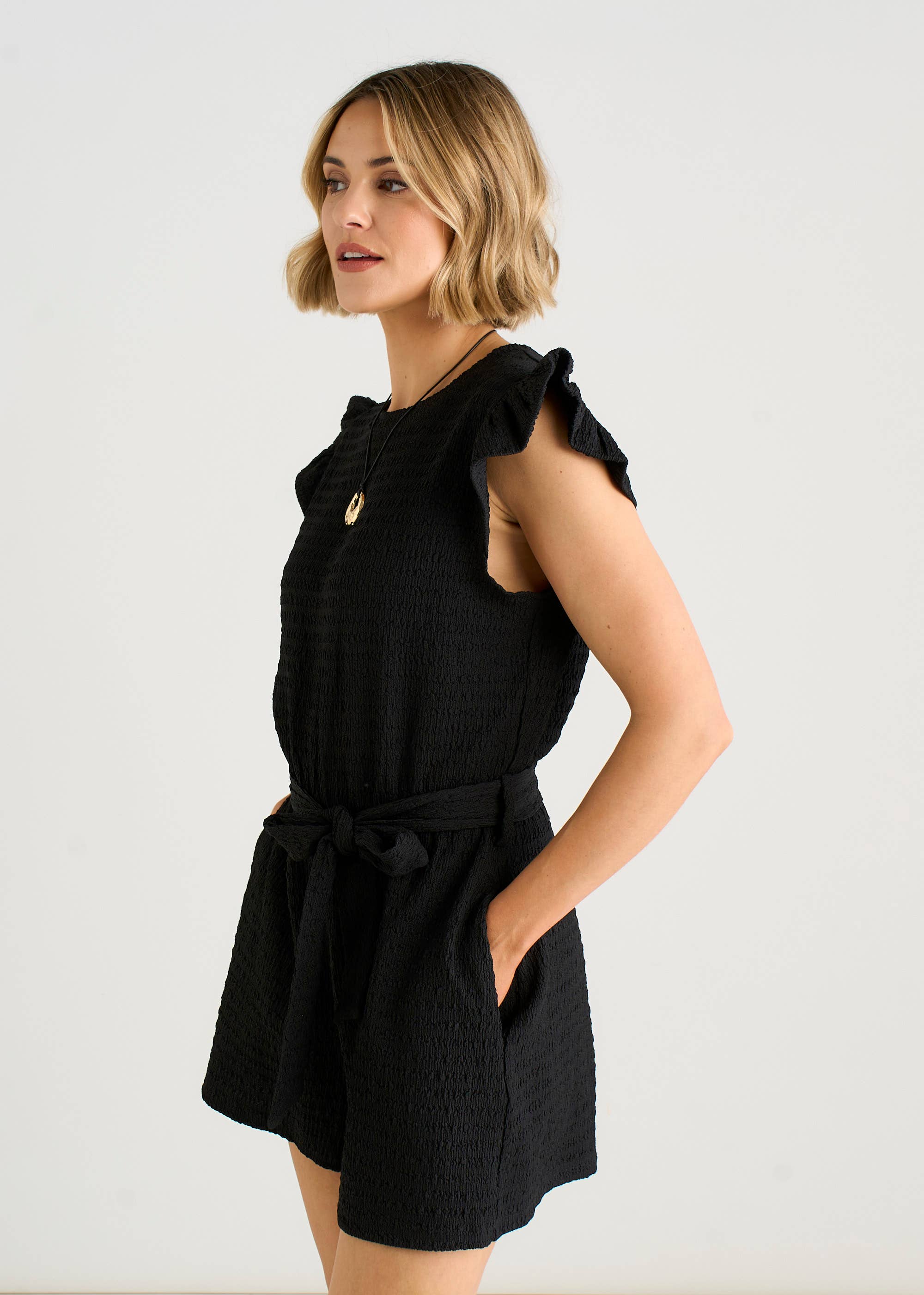 Black Stretch Texture Frill Elasticated Waist Playsuit