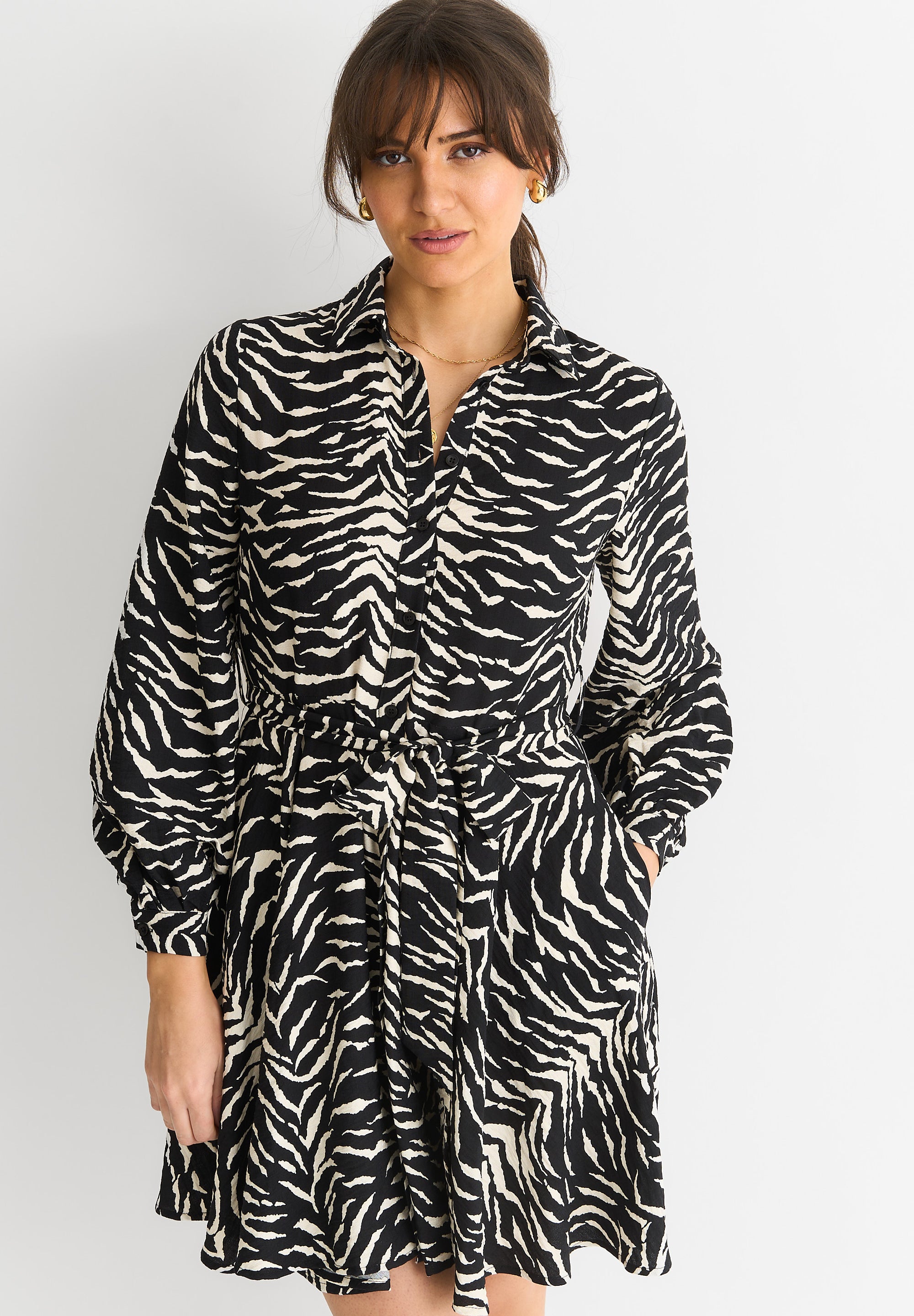 Mono Zebra Belted Viscose Shirt Dress