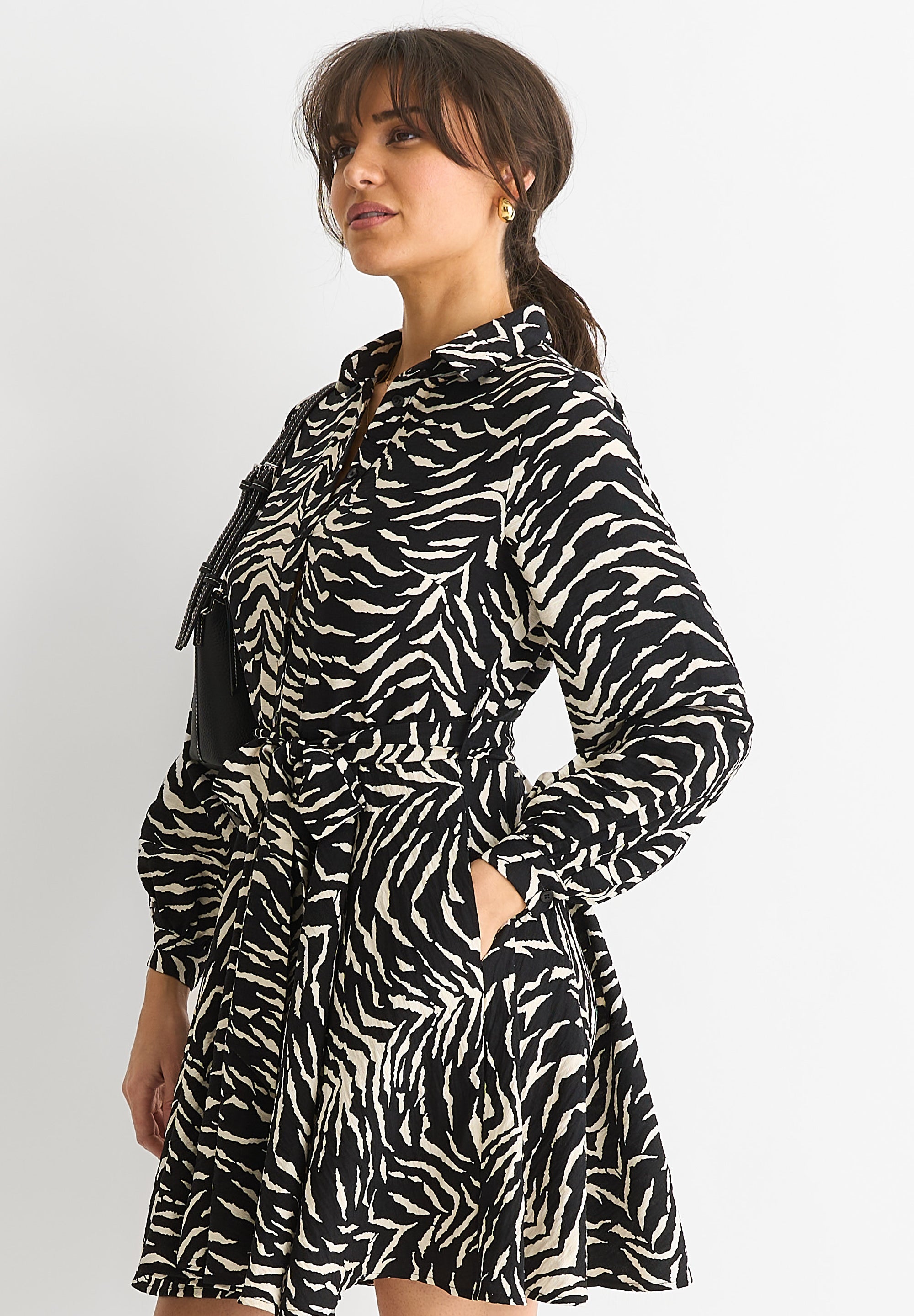 Mono Zebra Belted Viscose Shirt Dress