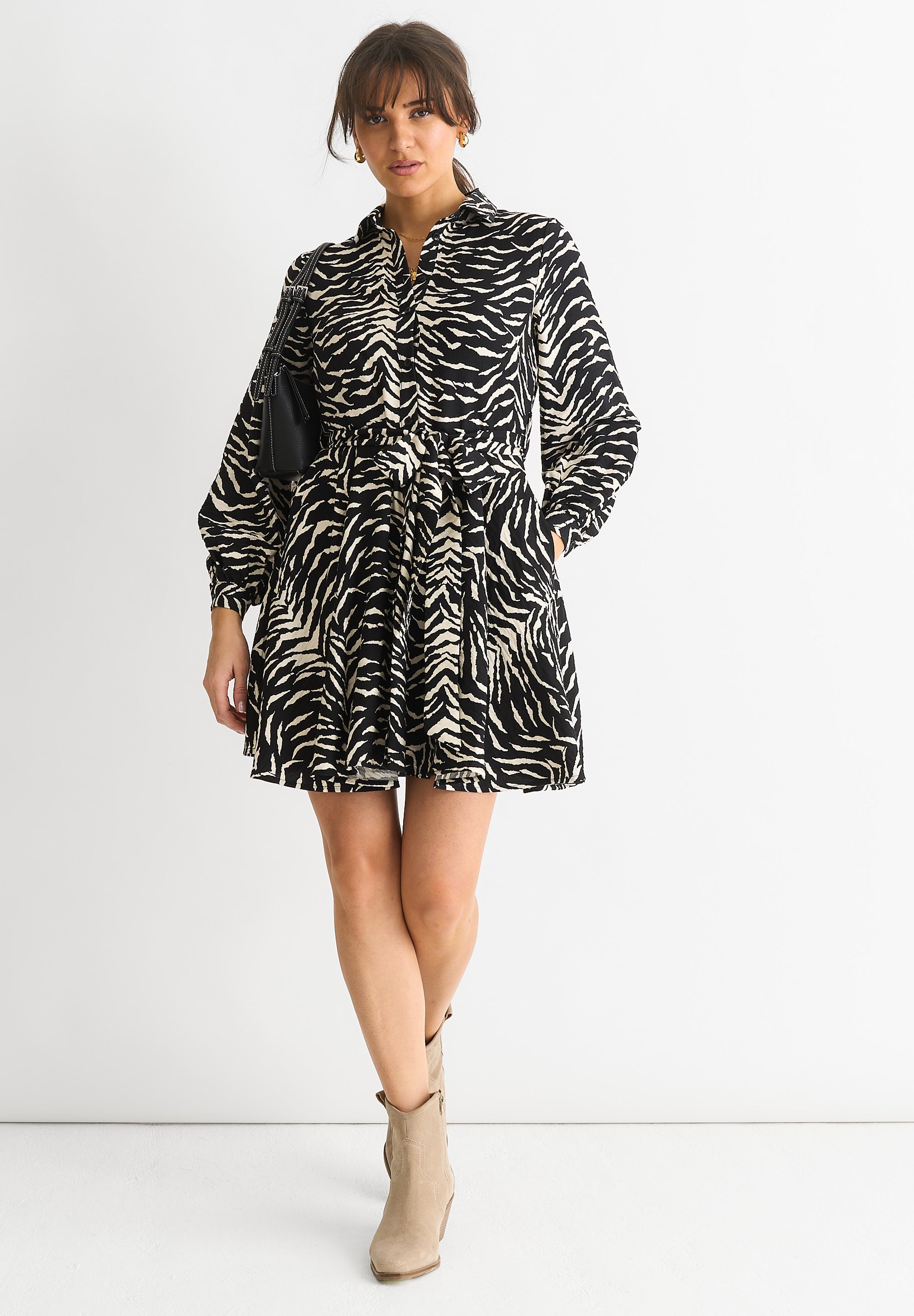 Mono Zebra Belted Viscose Shirt Dress