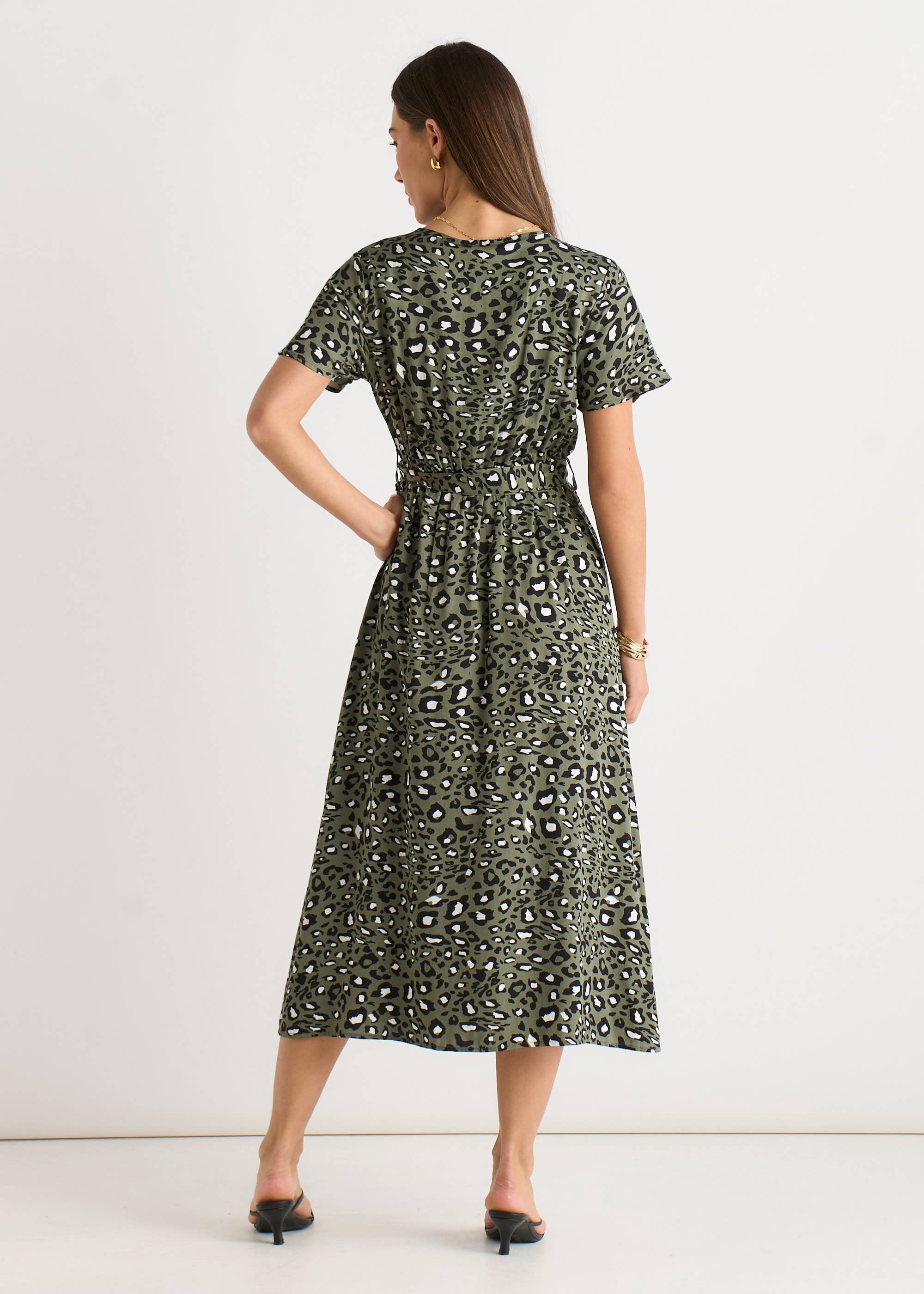 Khaki Short Sleeve Animal Print Wrap Front Midi Dress