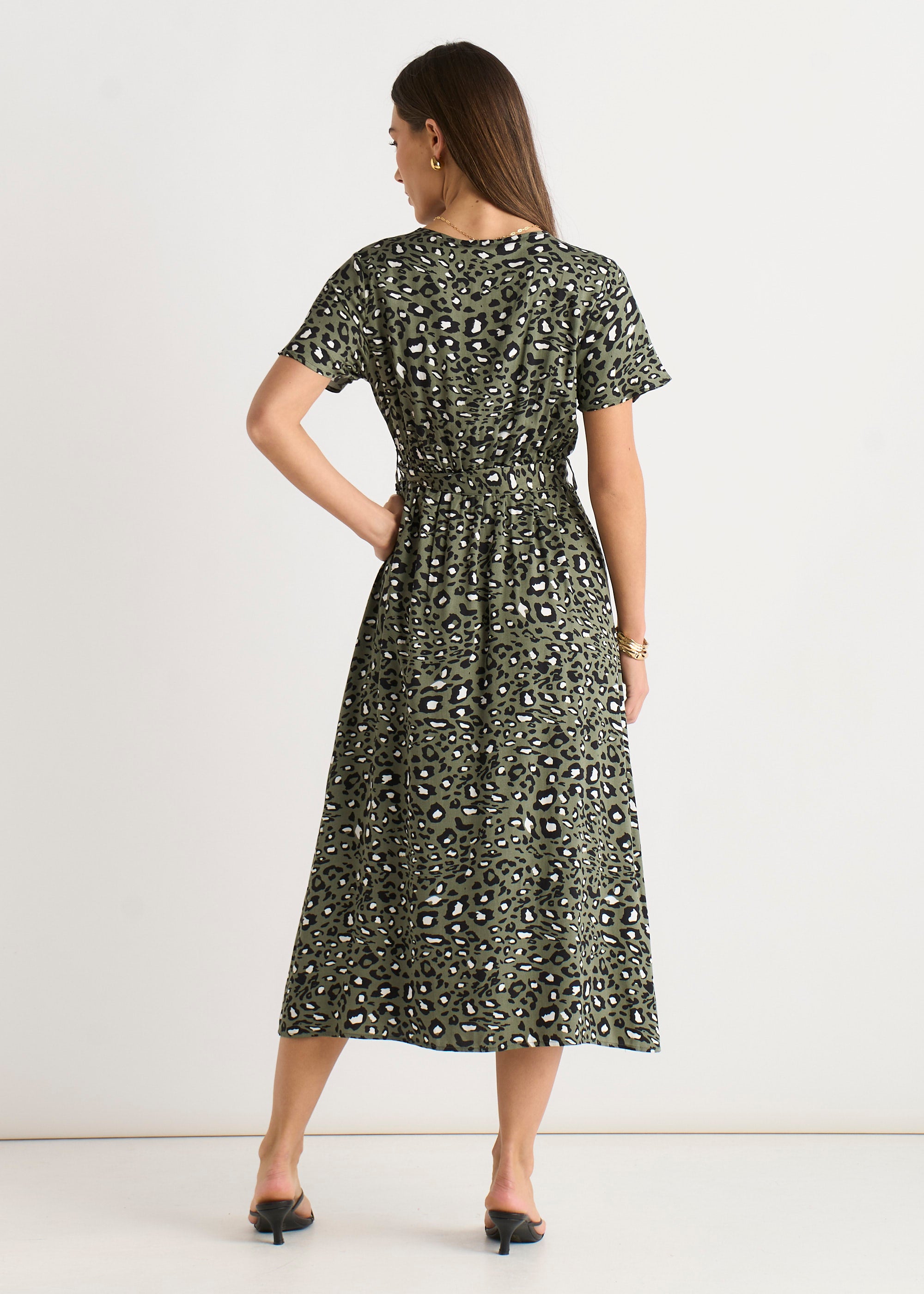 Khaki Short Sleeve Animal Print Wrap Front Midi Dress