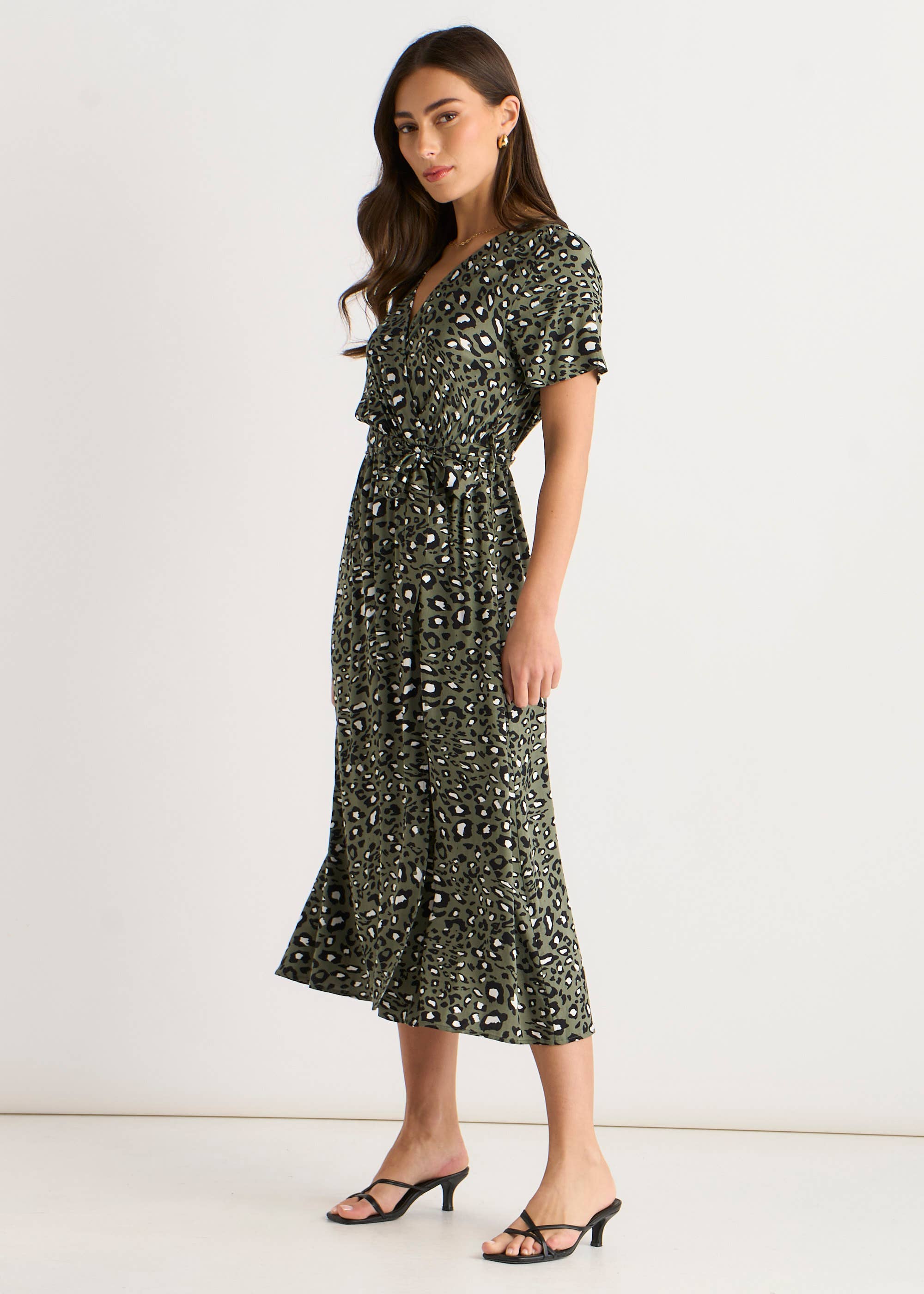 Khaki Short Sleeve Animal Print Wrap Front Midi Dress
