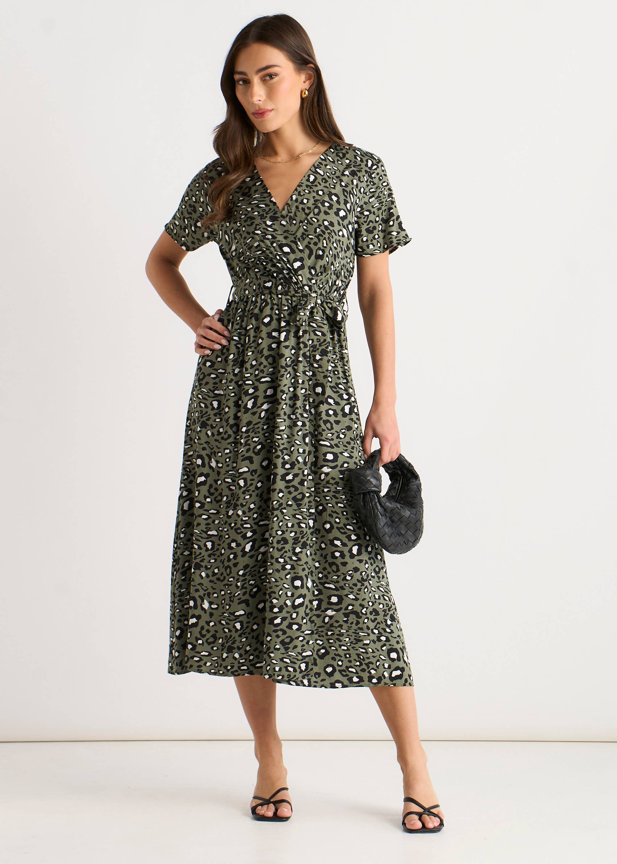 khaki midi dress Khaki Short Sleeve Animal Print Wrap Front Midi Dress – Gini London