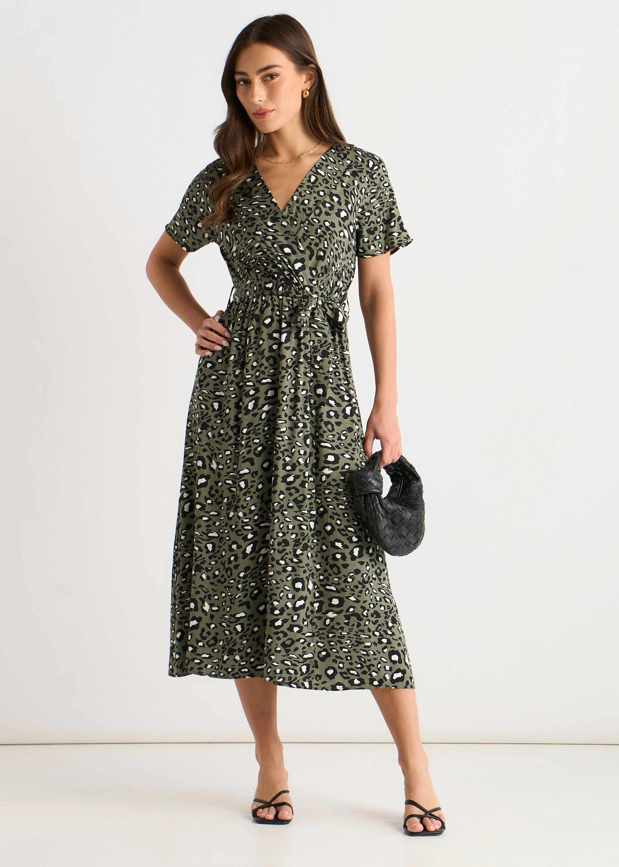 Viscose Short Sleeve Animal Print Wrap Front Midi Dress