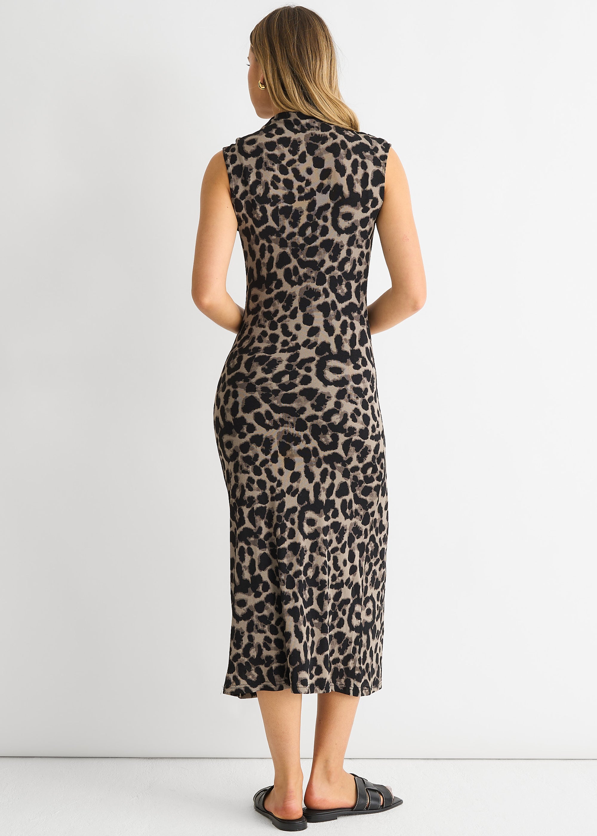 Grey Animal Print Ruched Midi Dress