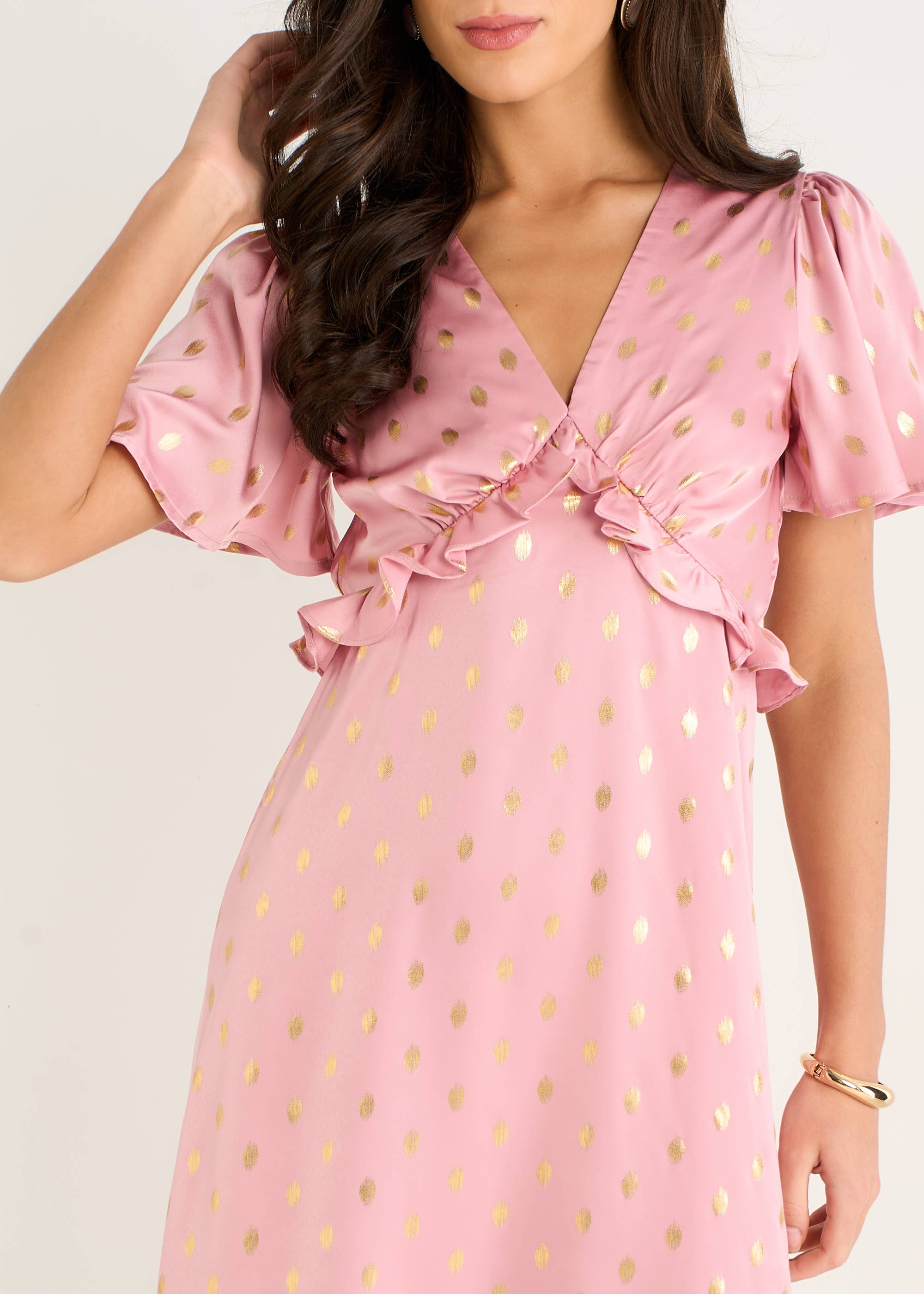 Blush Metallic Foil V Neck Midi Dress