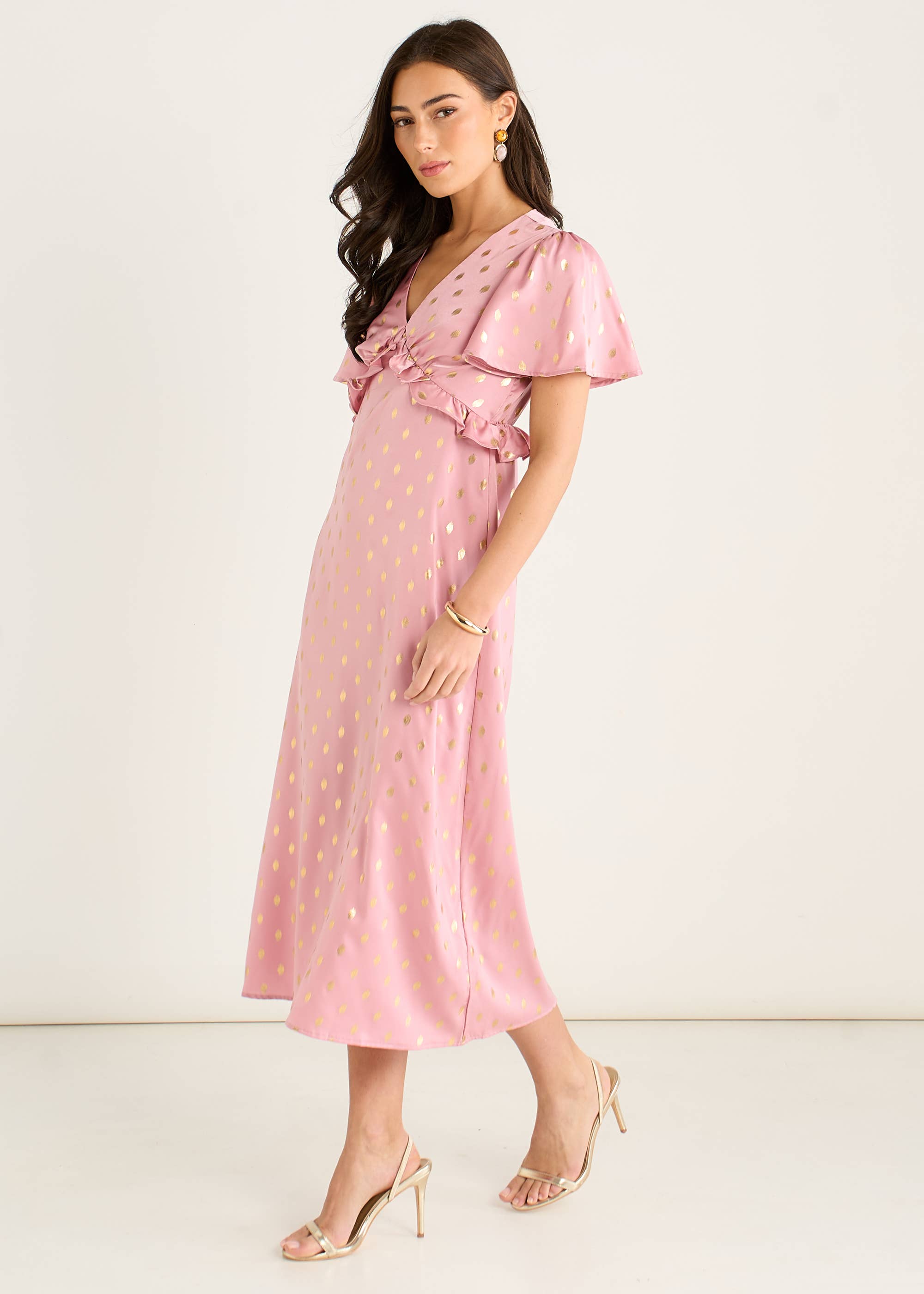 Blush Metallic Foil V Neck Midi Dress