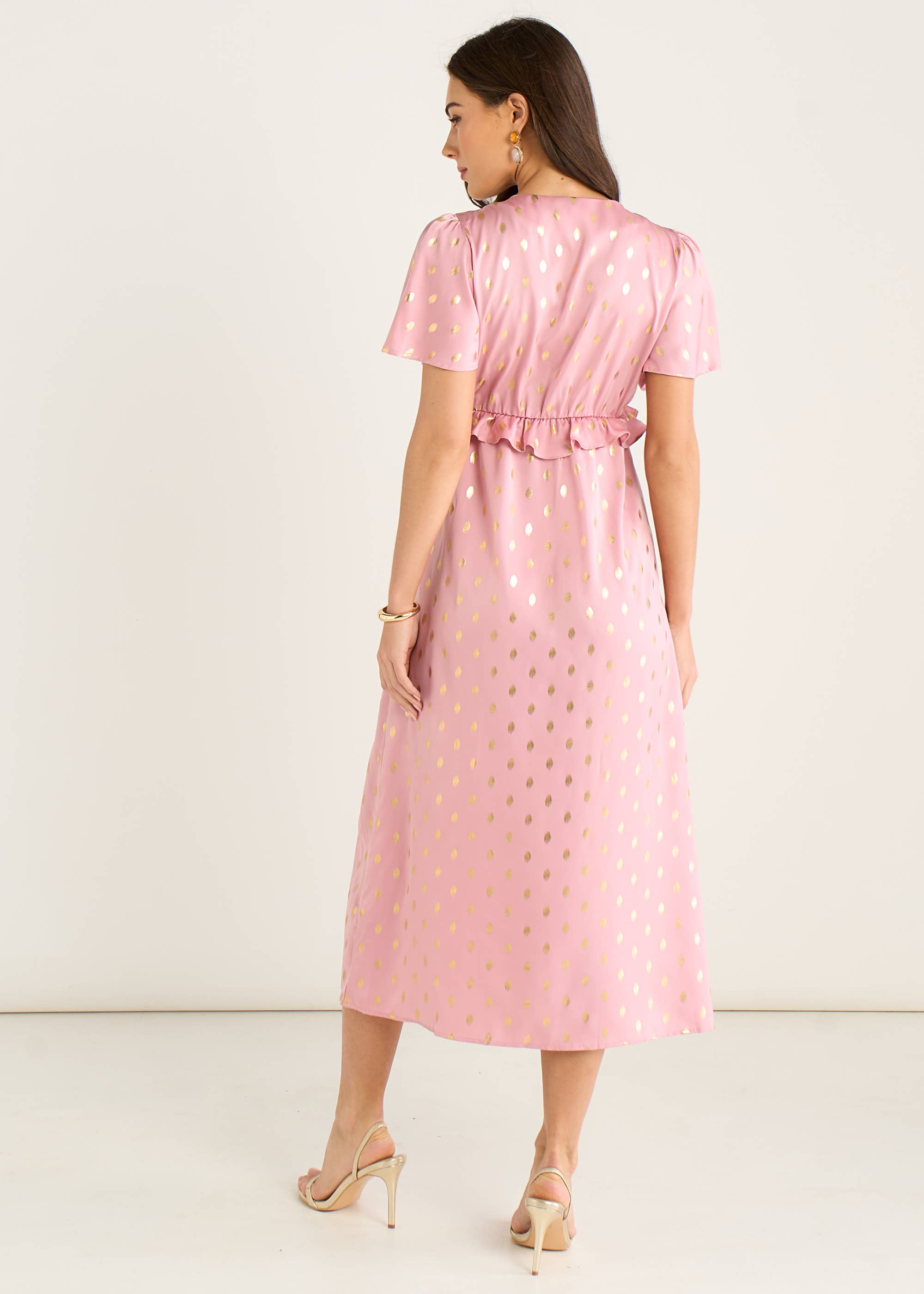 Blush Metallic Foil V Neck Midi Dress