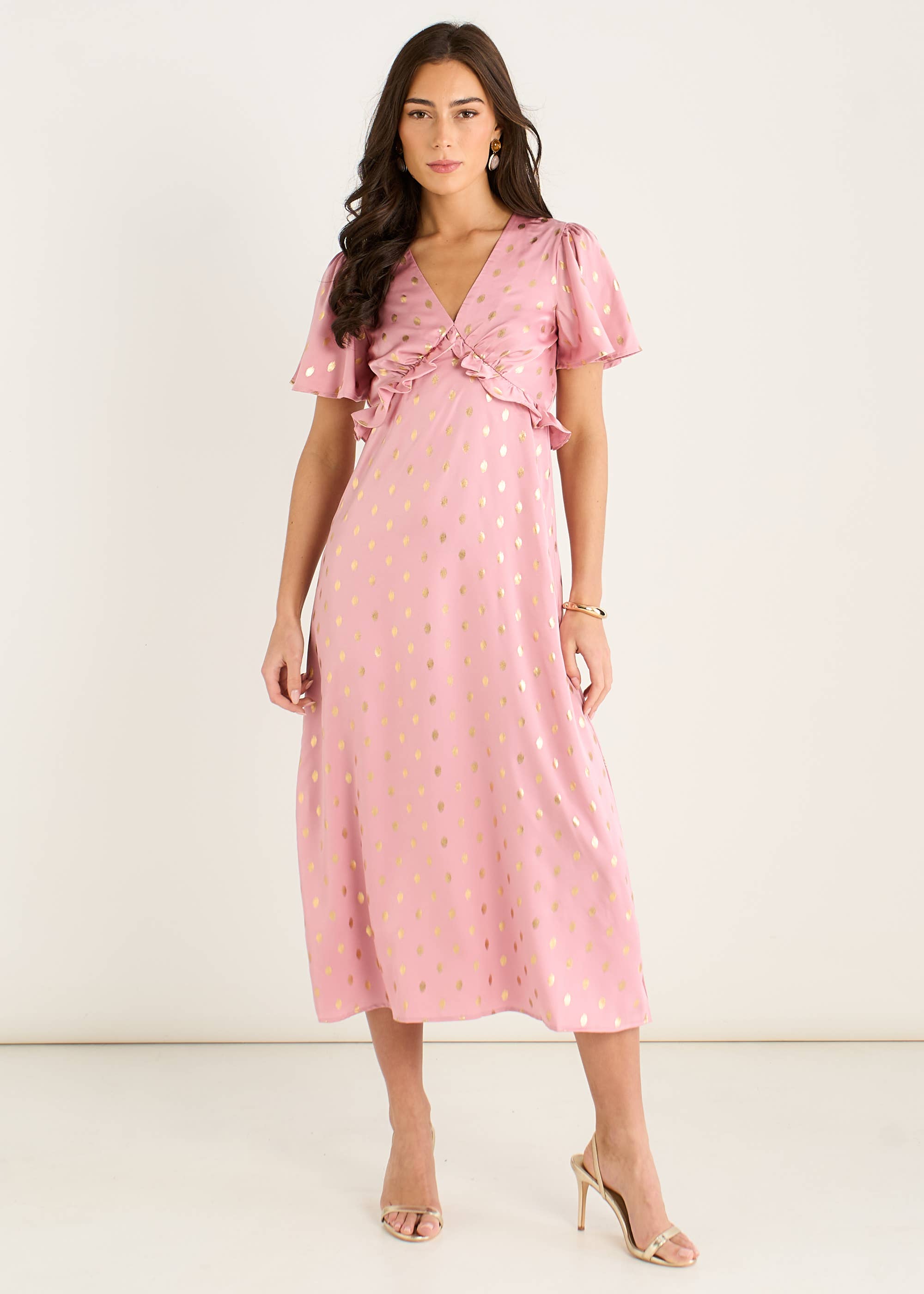 Blush Metallic Foil V Neck Midi Dress