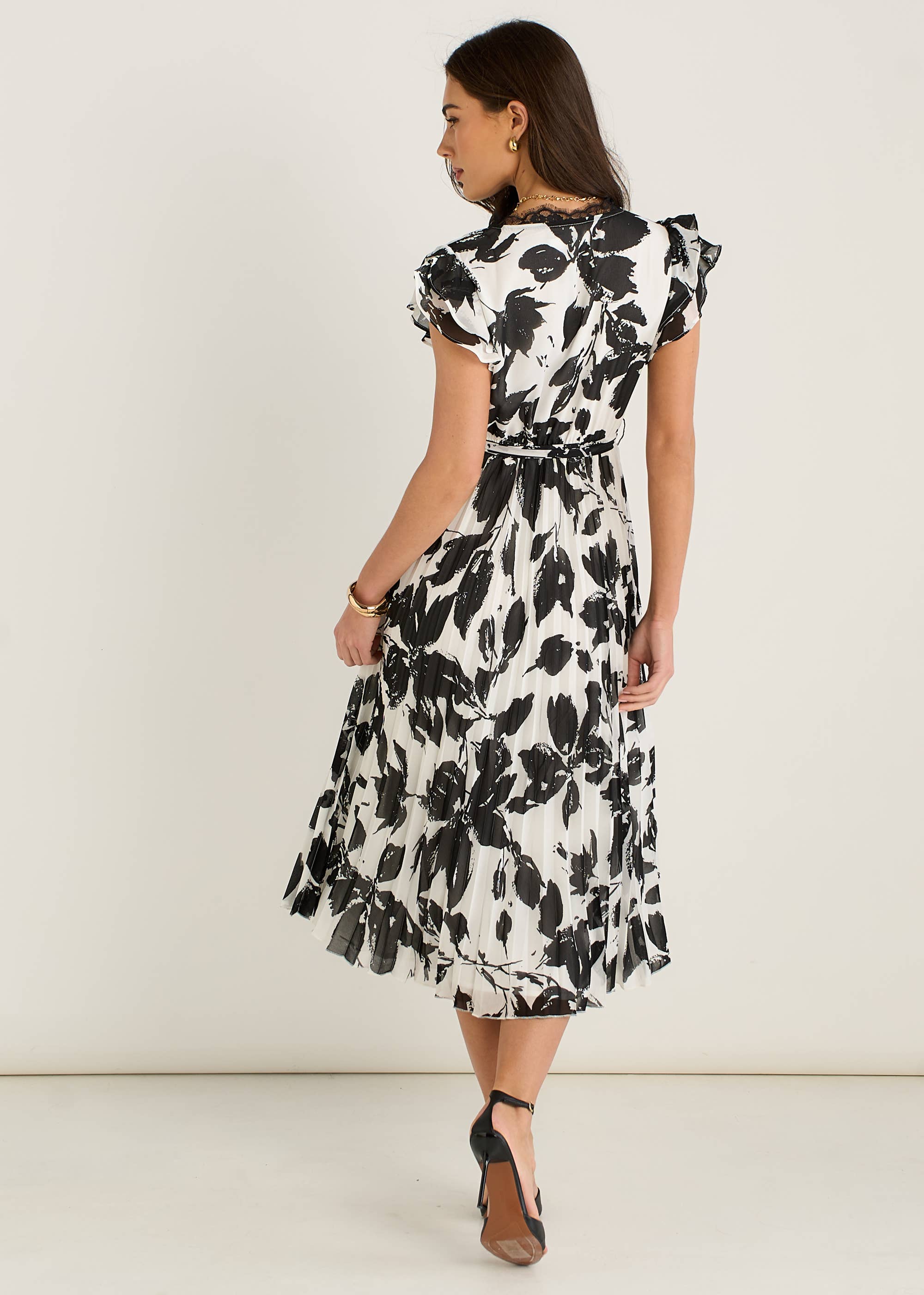 Lace Trim Mono Pleated Wrap Midi Dress