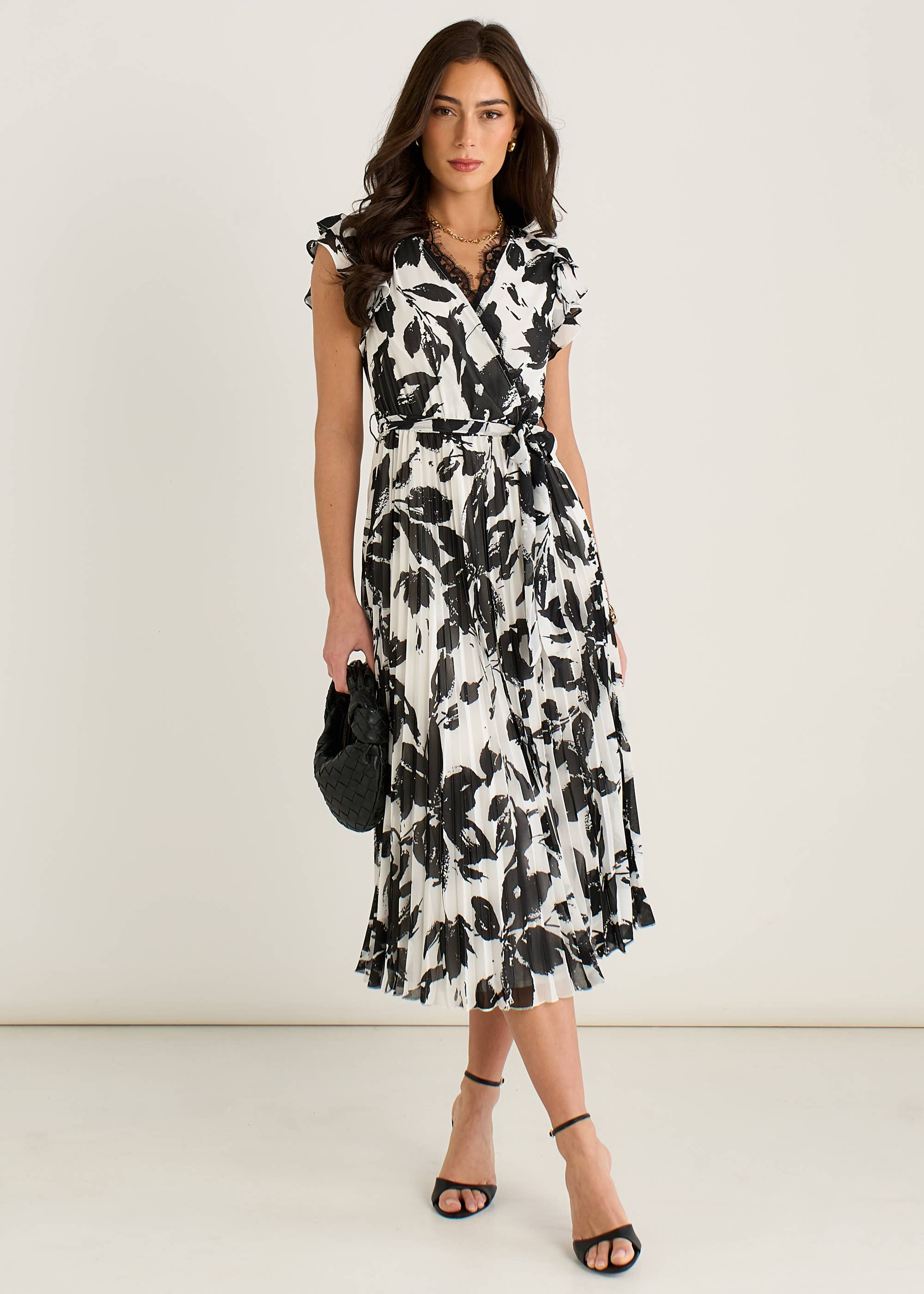 Lace Trim Mono Pleated Wrap Midi Dress