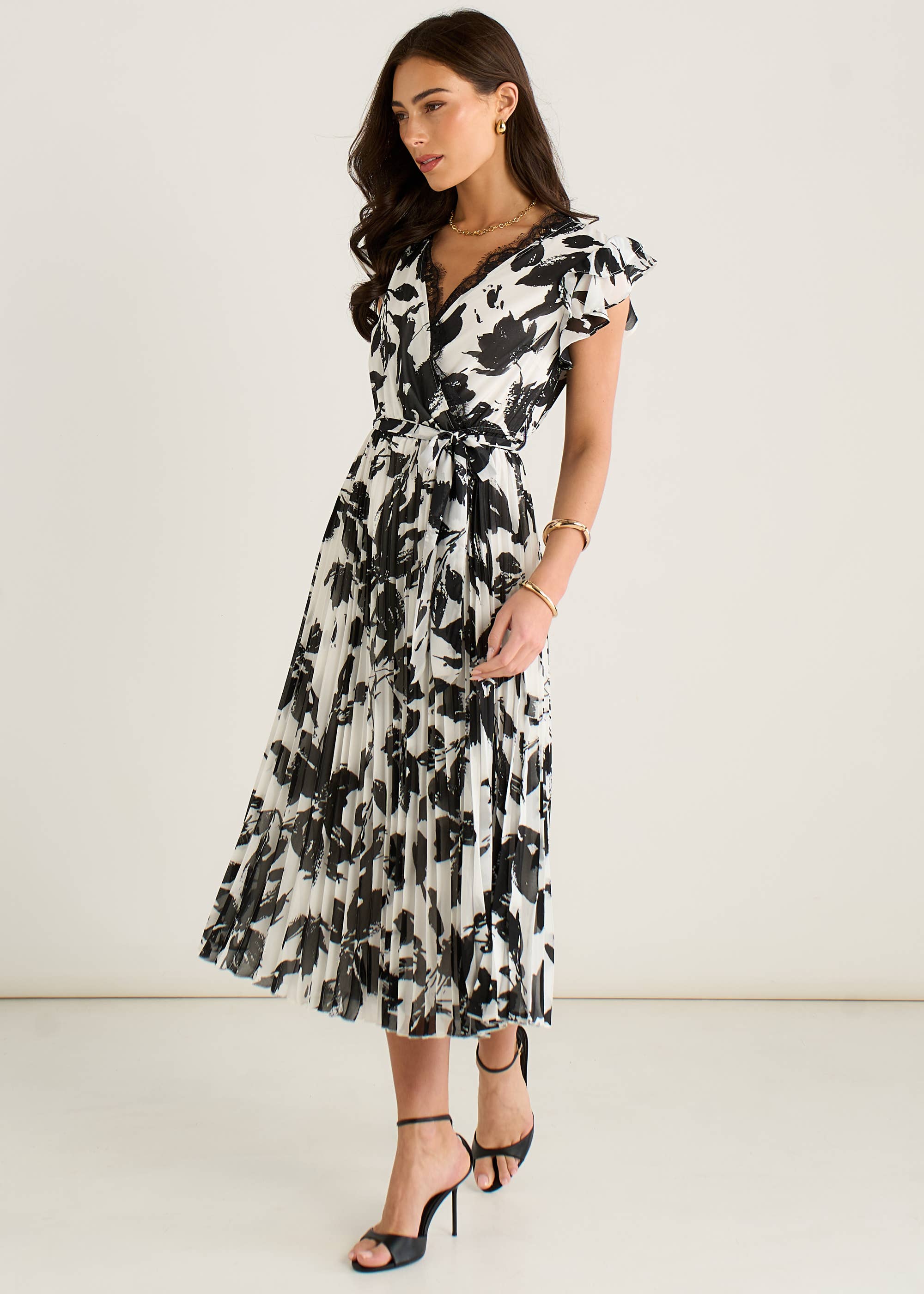 Lace Trim Mono Pleated Wrap Midi Dress